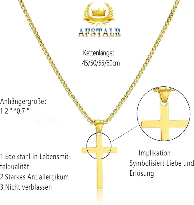 AFSTALR Collana con Croce in Acciaio Inossidabile, 60 cm, Oro - immagine 2