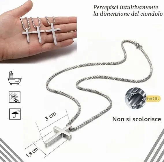 AFSTALR Collana con Croce in Acciaio Inossidabile Argento, 50 cm - immagine 2