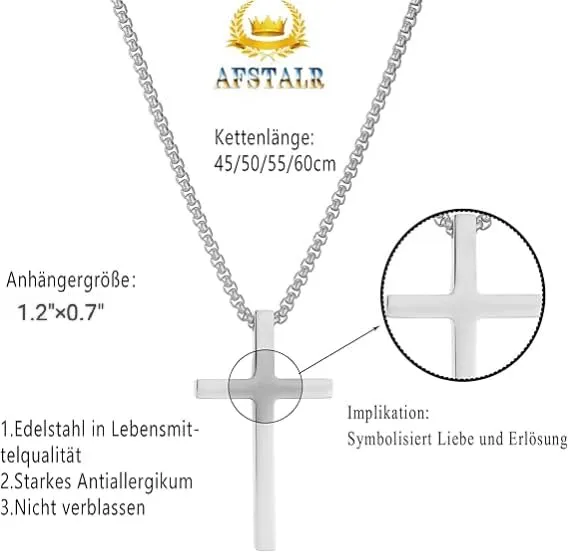 AFSTALR Collana con Croce in Acciaio Inossidabile Argento, 50 cm - immagine 4