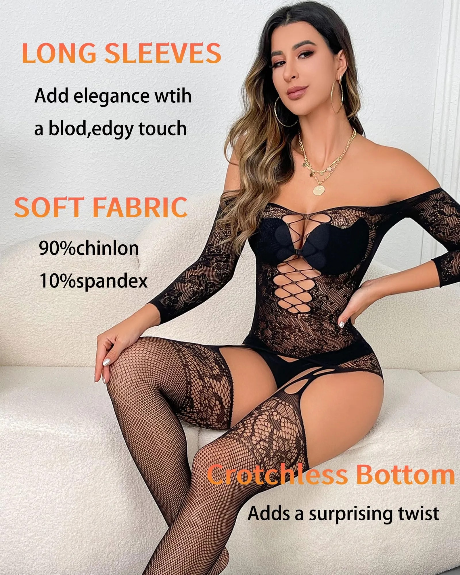 XIUSEMY Bodystocking a Rete di Pesce per Donne, Nero JC - immagine 2