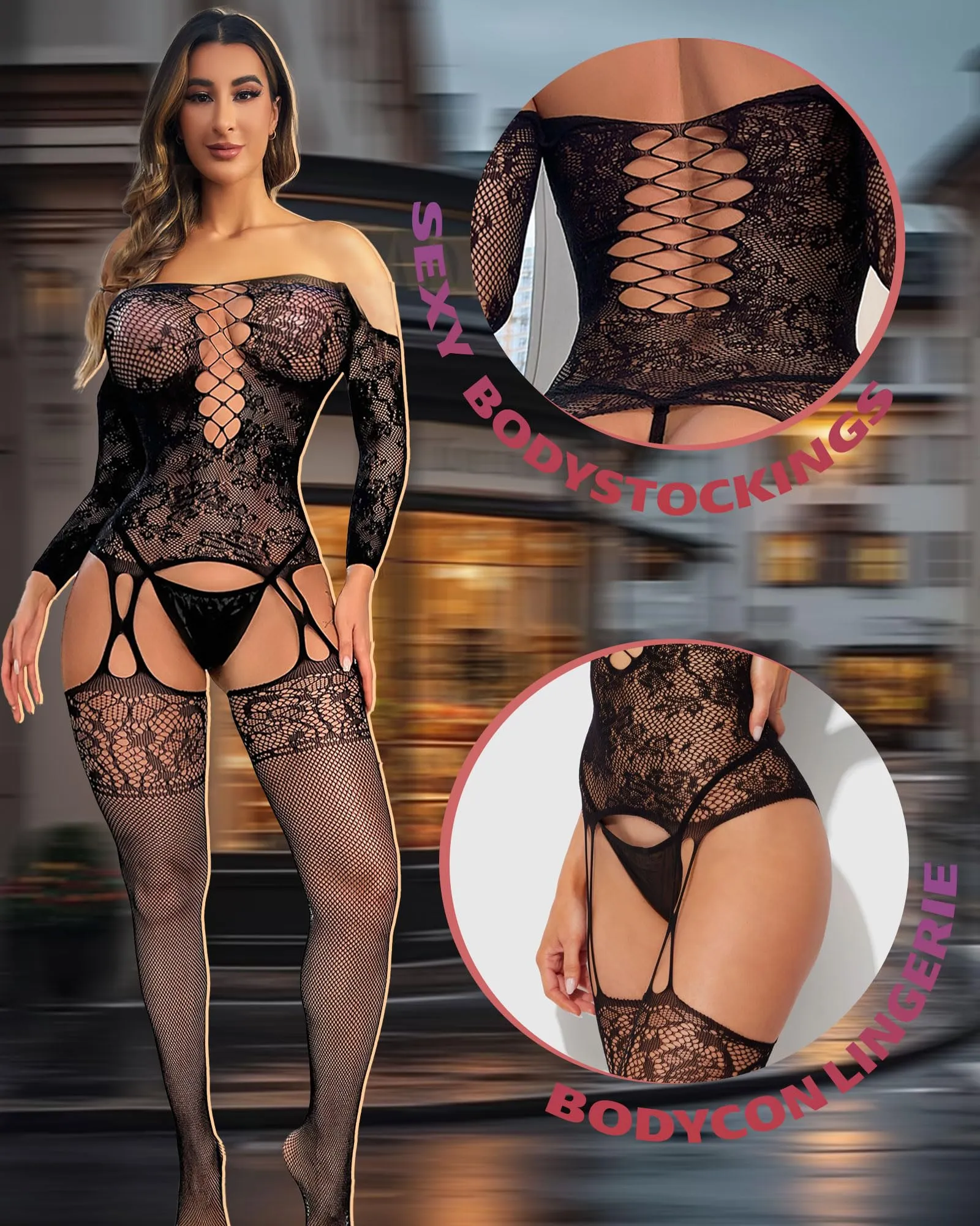 XIUSEMY Bodystocking a Rete di Pesce per Donne, Nero JC - immagine 3