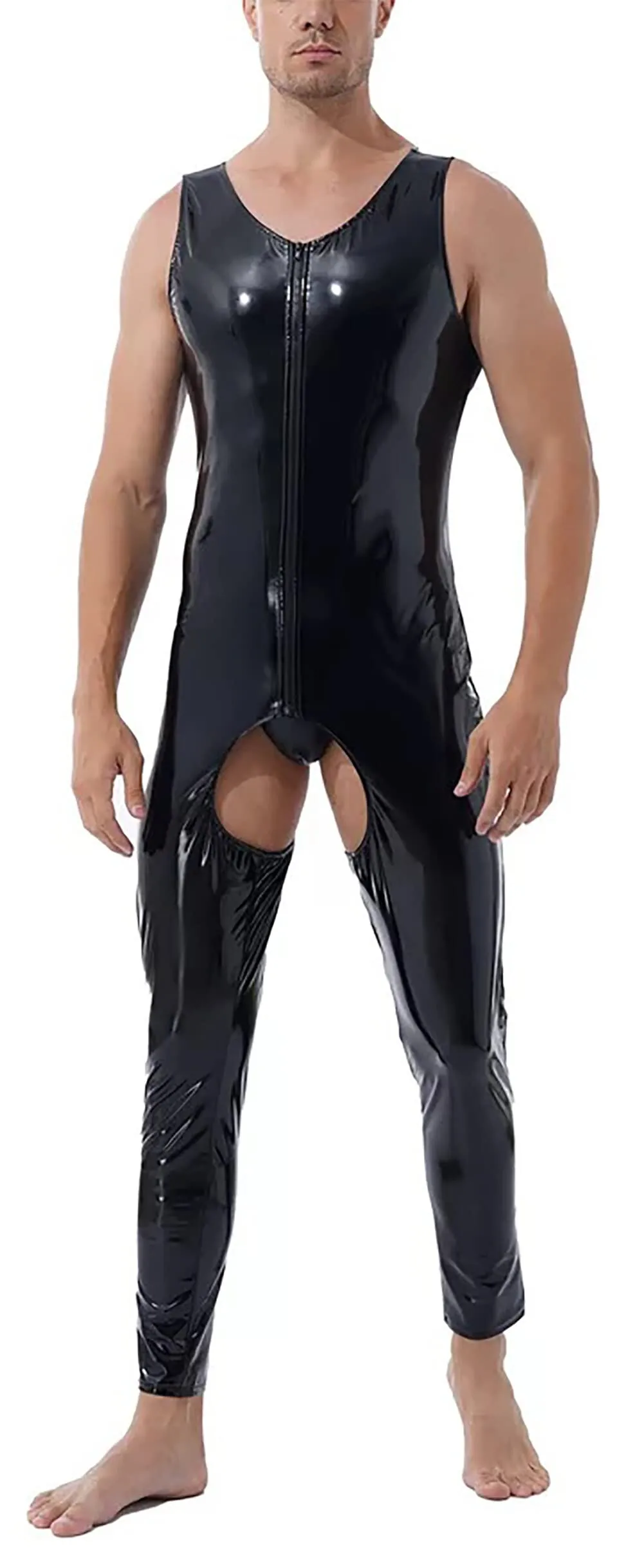 AIEOE Tuta da uomo in pelle lucida PVC con cerniera lunga, Slim Fit, Nero 03, L - immagine 1