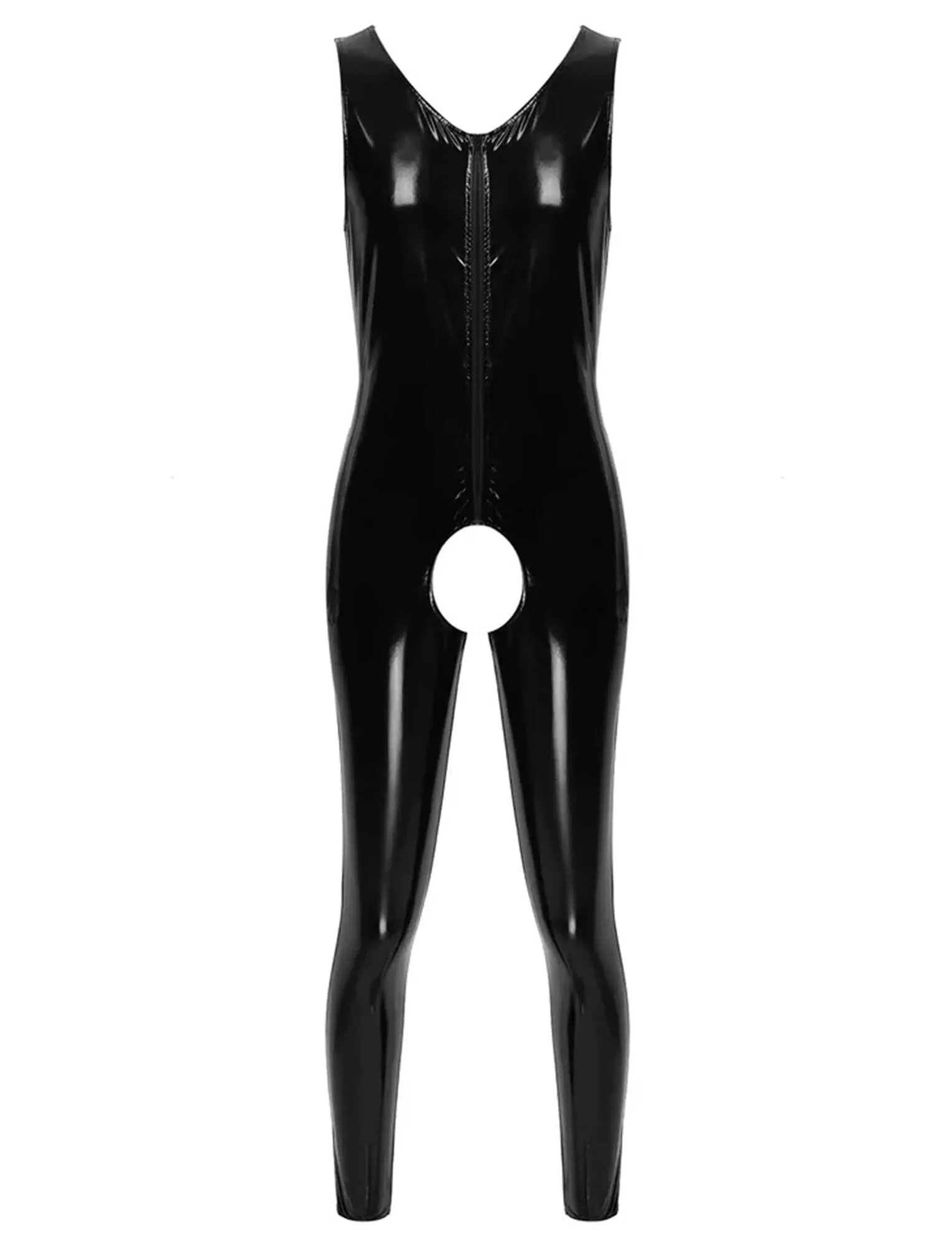 AIEOE Tuta da uomo in pelle lucida PVC con cerniera lunga, Slim Fit, Nero 03, L - immagine 2