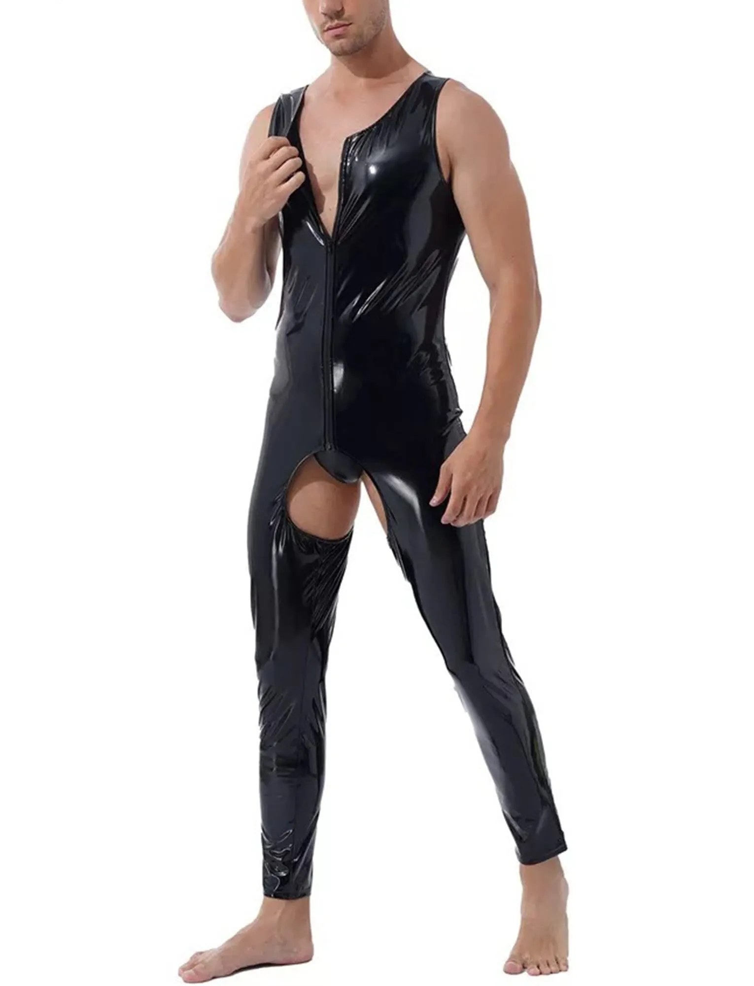AIEOE Tuta da uomo in pelle lucida PVC con cerniera, slim fit, Nero 03, XL - immagine 4