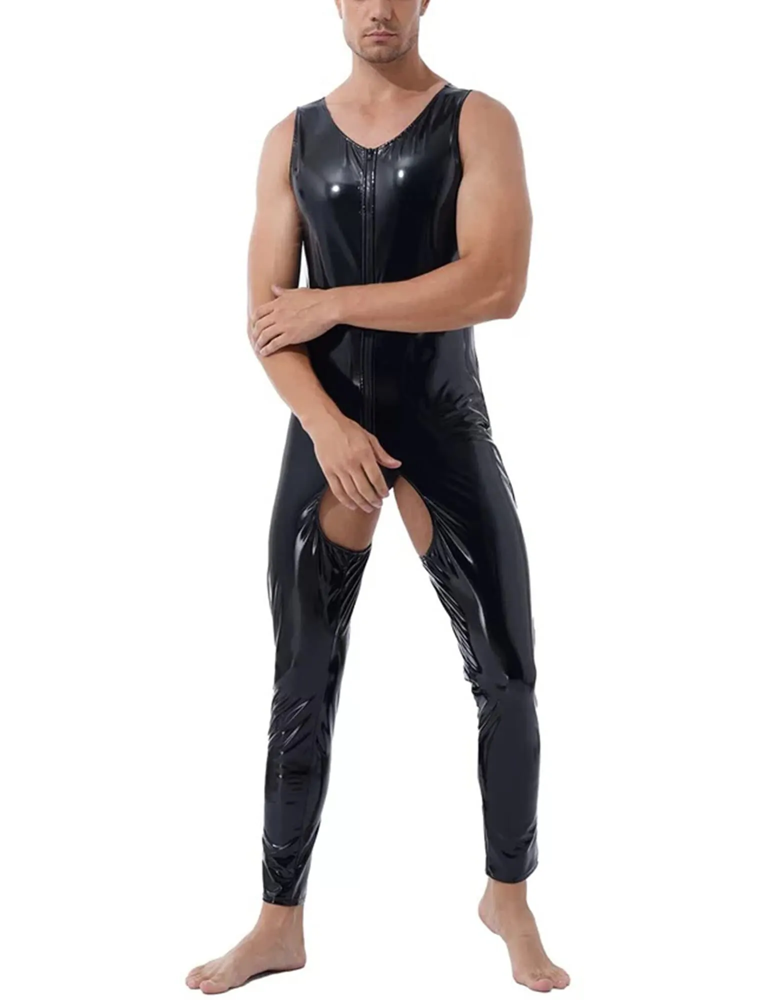 AIEOE Tuta da uomo in pelle lucida PVC con cerniera lunga, slim fit, Nero 03, XXL - immagine 3
