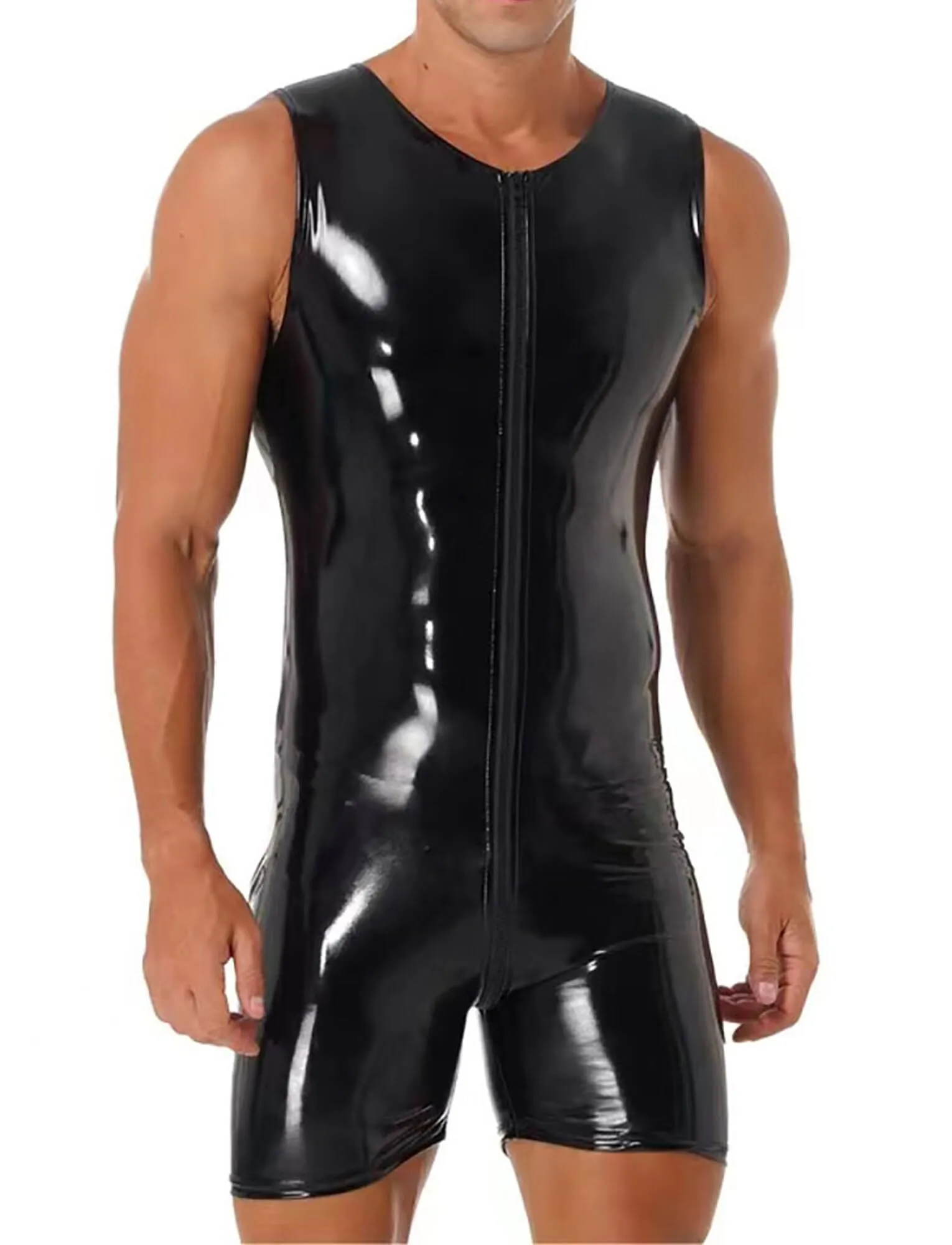 AIEOE Tuta da uomo in pelle lucida PVC con cerniera lunga, Slim Fit, Nero 06, S - immagine 4