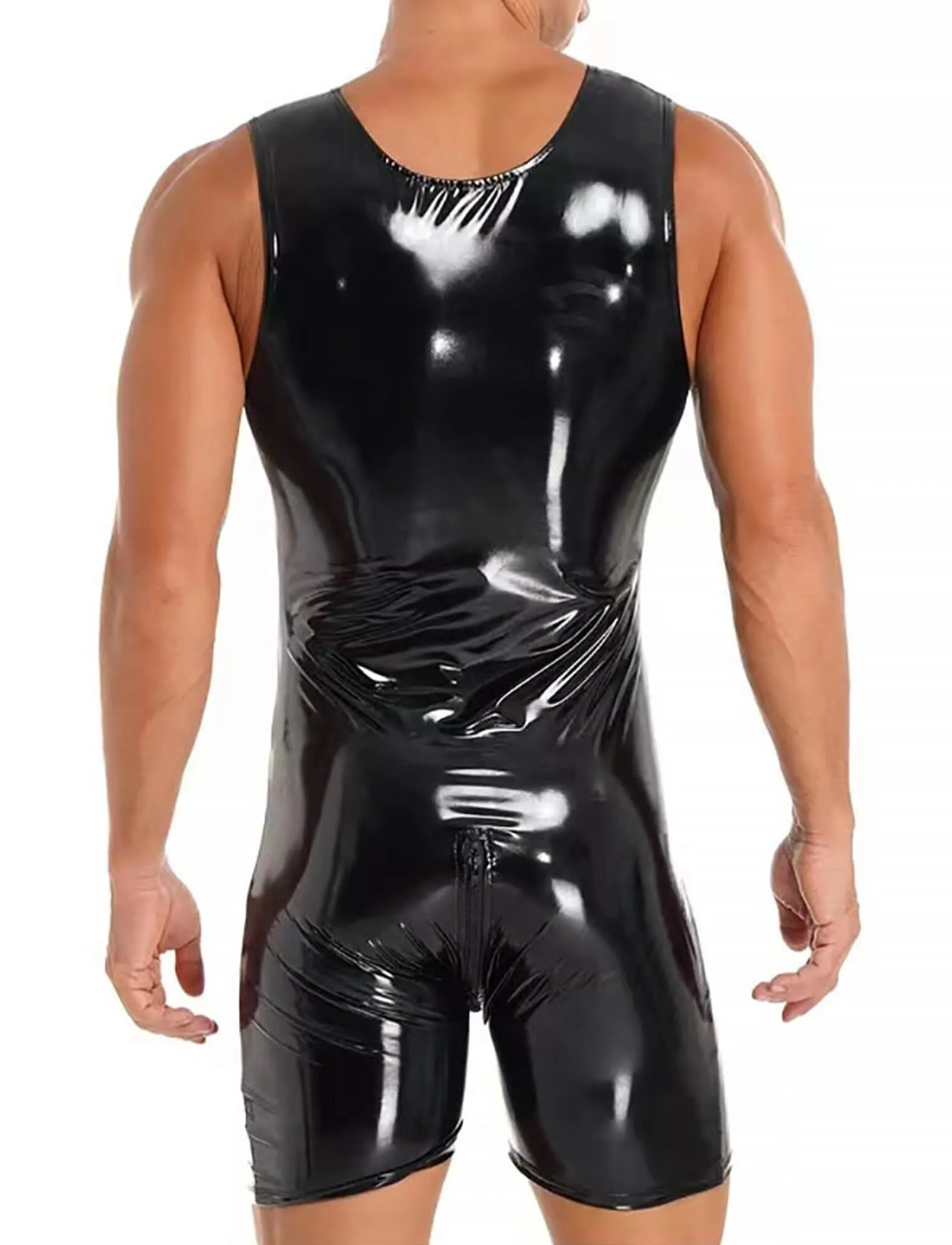 AIEOE Tuta da uomo in pelle lucida PVC con cerniera lunga, Slim Fit, Nero 06, XL - immagine 3