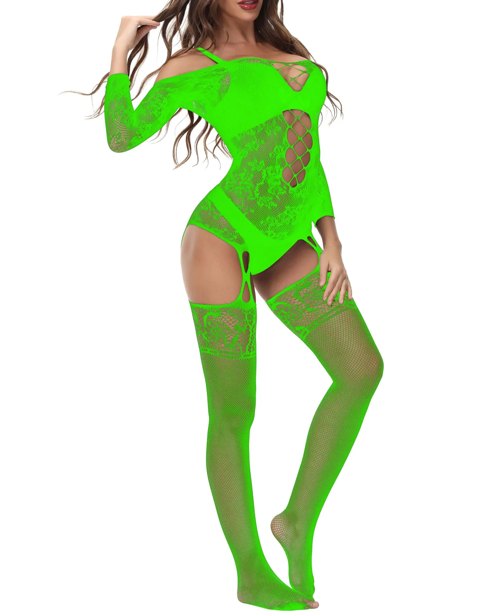 Xiusemy Bodysuit Rete da Pesca Bodystocking, Taglia Unica, Verde-JC - immagine 3