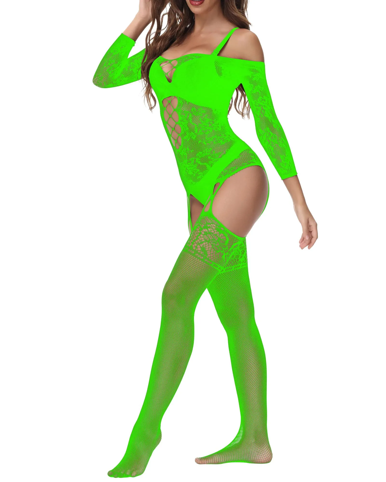 Xiusemy Bodysuit Rete da Pesca Bodystocking, Taglia Unica, Verde-JC - immagine 4