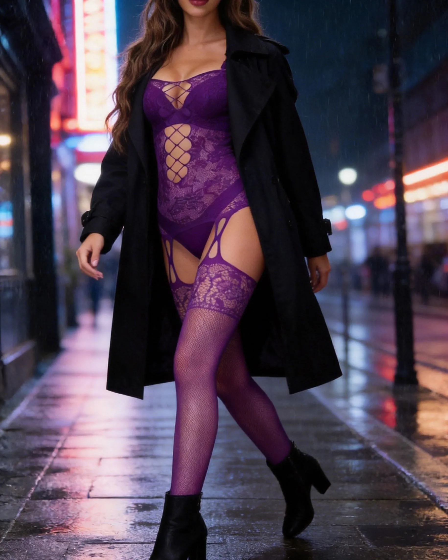 Xiusemy Bodystocking One Piece Babydoll a rete per donna, Viola-JC, Taglia unica - immagine 3