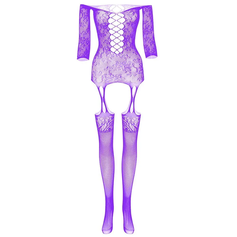 Xiusemy Bodystocking One Piece Babydoll a rete per donna, Viola-JC, Taglia unica - immagine 4