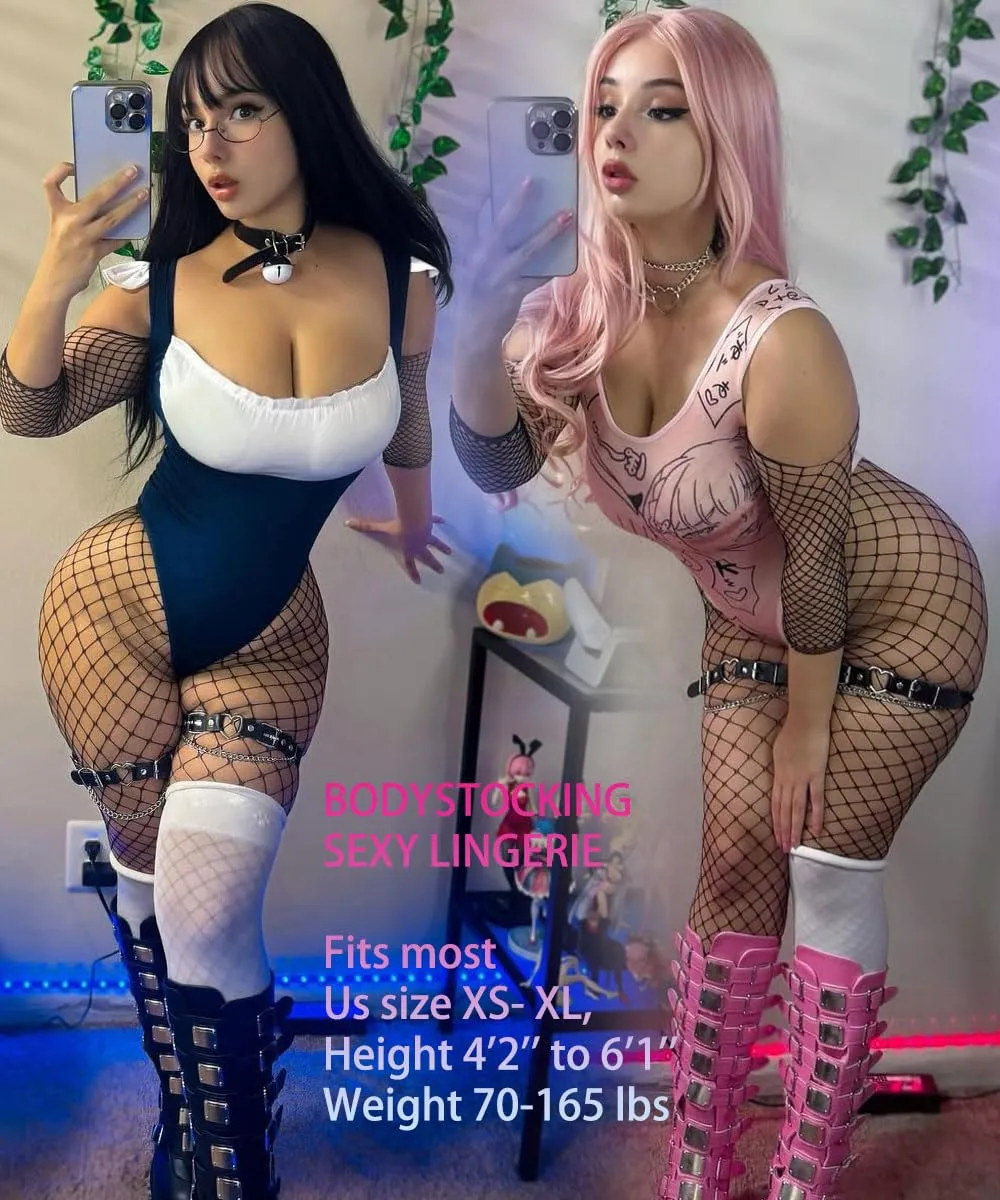 XIUSEMY Bodystocking a rete di pesce per donna, Nero QWY - immagine 2