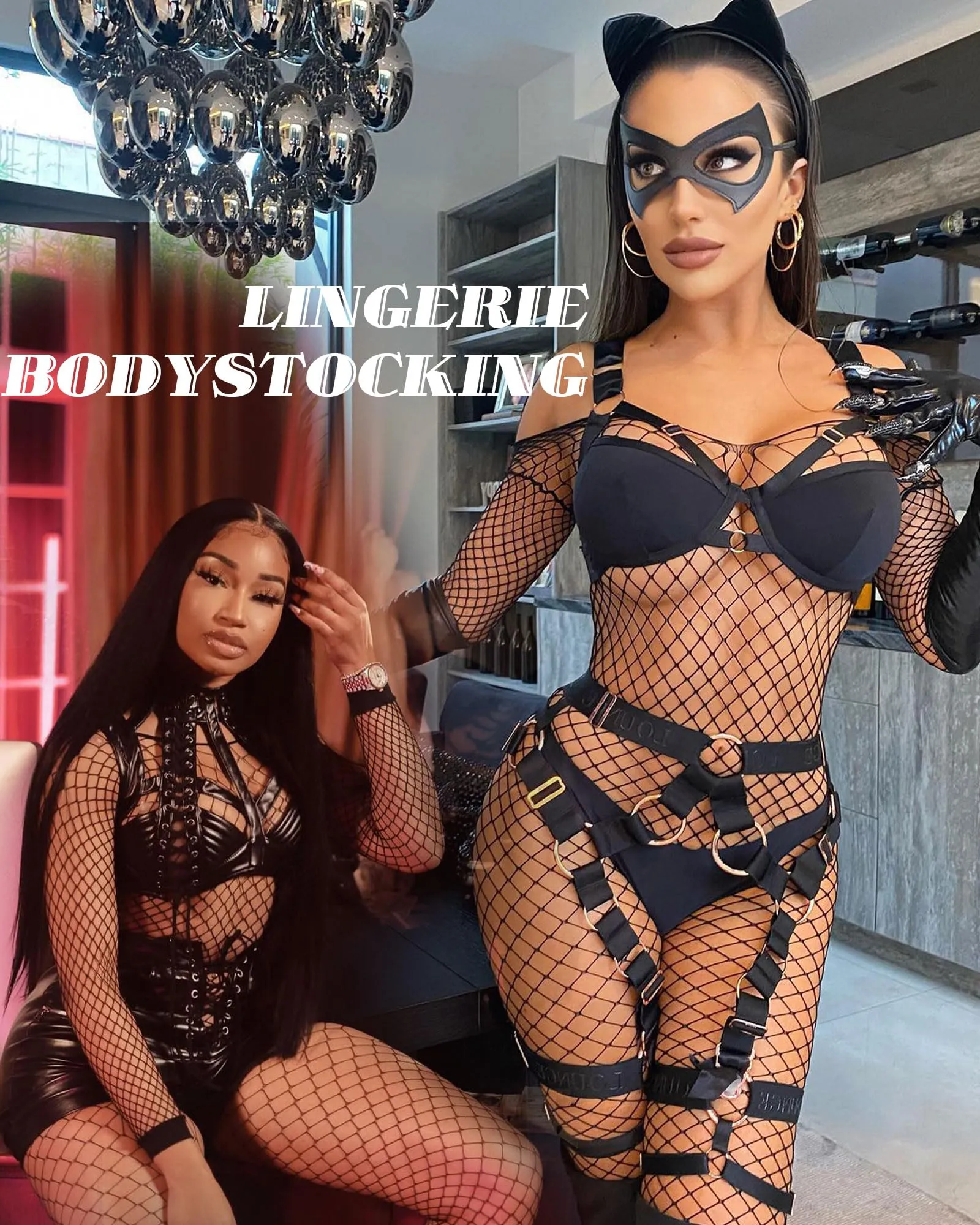 XIUSEMY Bodystocking a rete di pesce per donna, Nero QWY - immagine 3