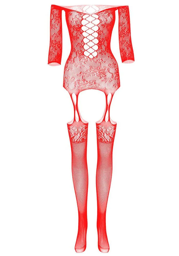 XIUSEMY Bodysuit Bodystocking a rete di pesce per donne, Rosso-JC - immagine 4