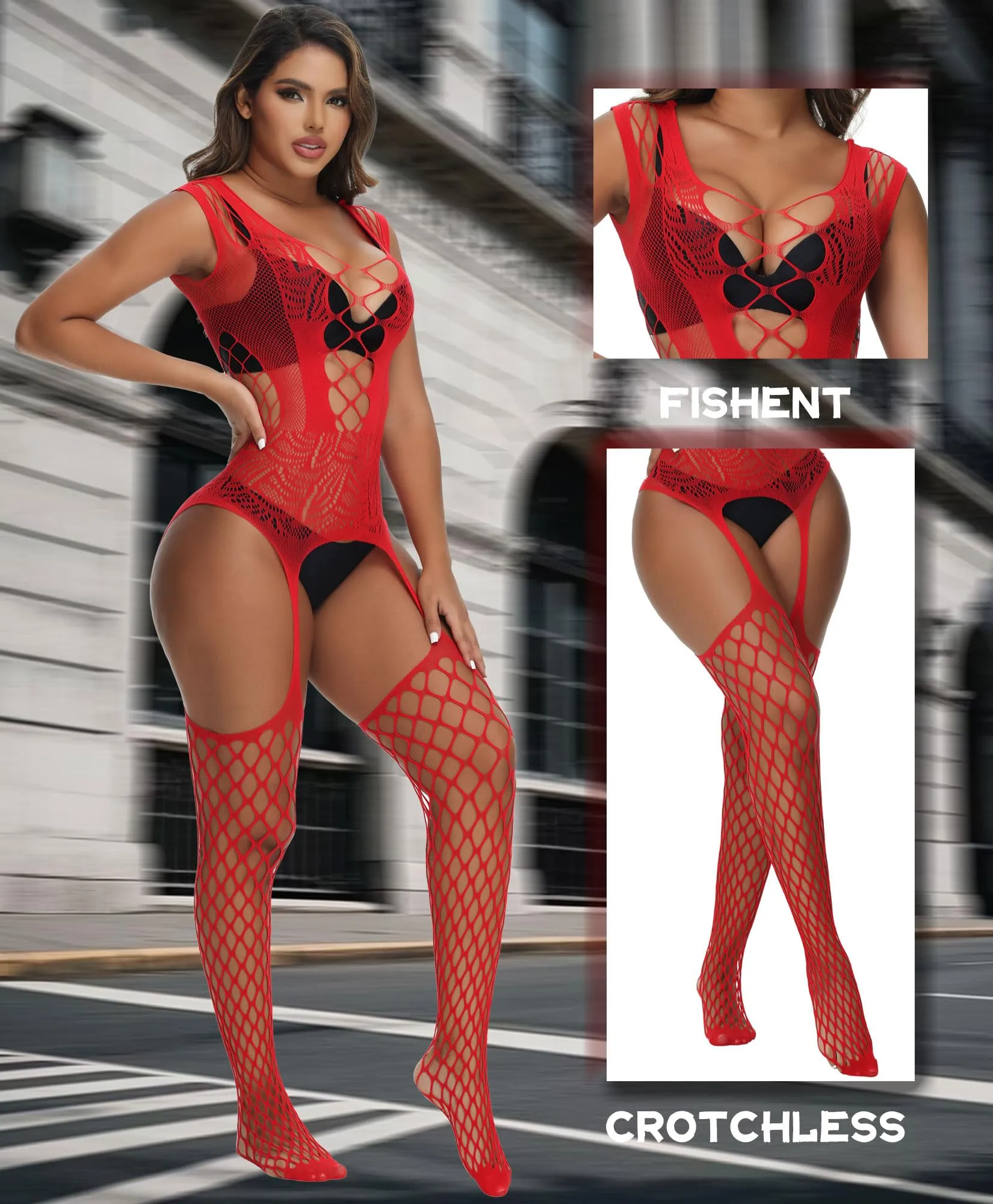 XIUSEMY Bodysuit a rete di pesce per donne, Rosso-WK - immagine 2