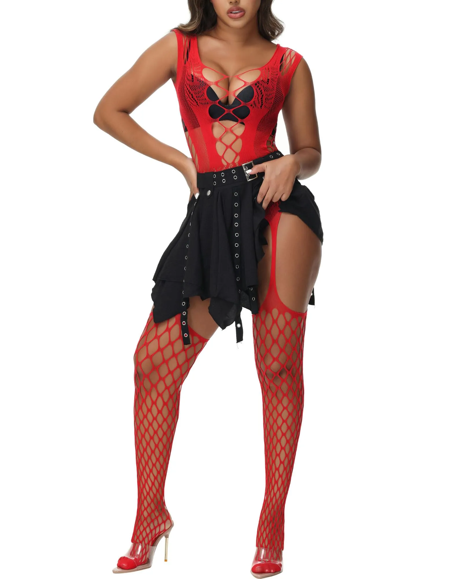 XIUSEMY Bodysuit a rete di pesce per donne, Rosso-WK - immagine 3