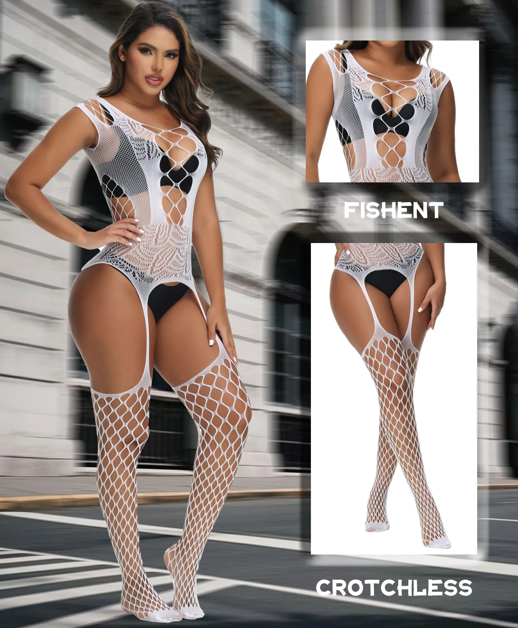 XIUSEMY Bodystocking a rete di pesce per donna, Bianco-WK - immagine 5