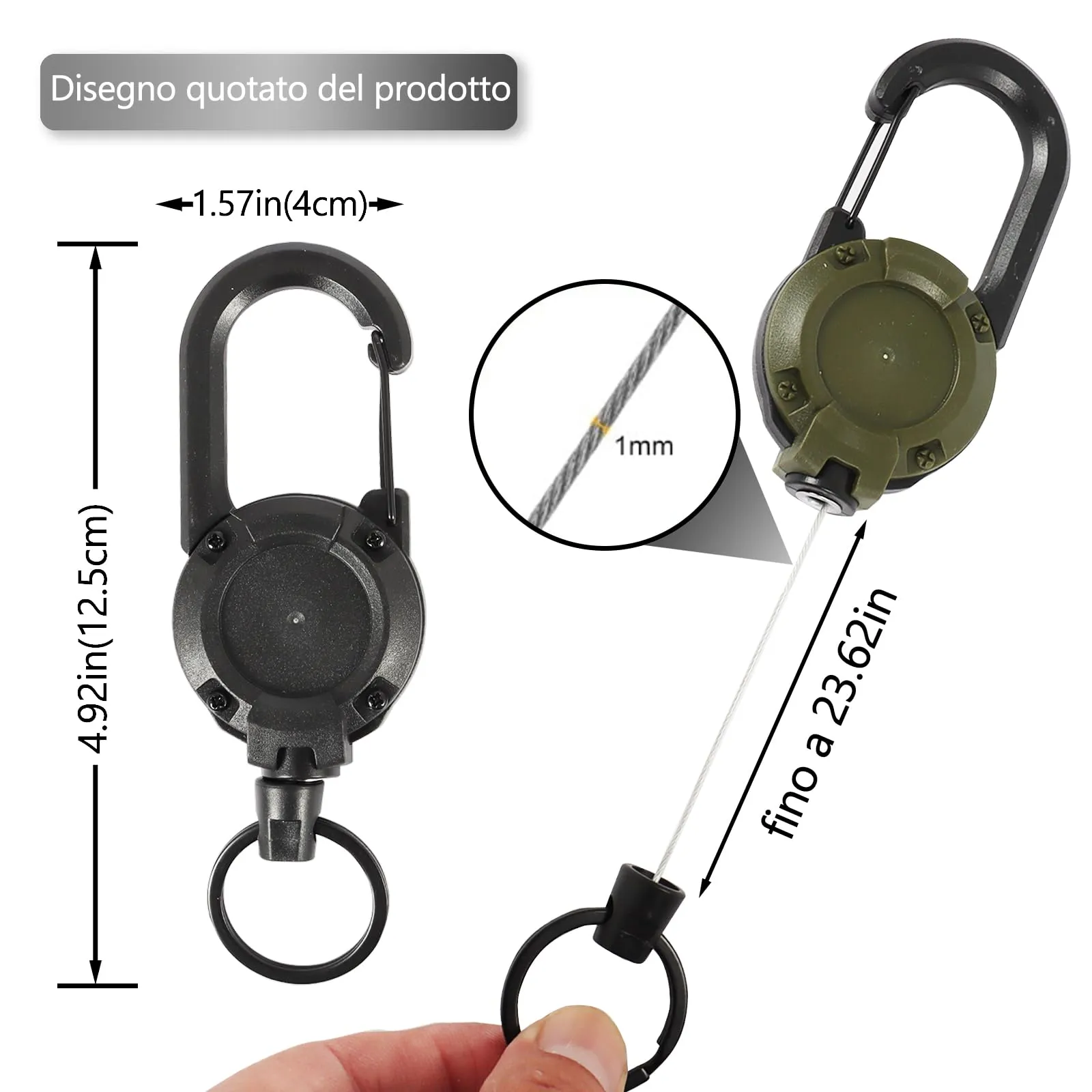 KufaerBeam Portachiavi Retrattile con Cavo in Acciaio da 60cm, Clip a Bobina e Moschettone, 2 Pezzi (BlackGreen) - immagine 2