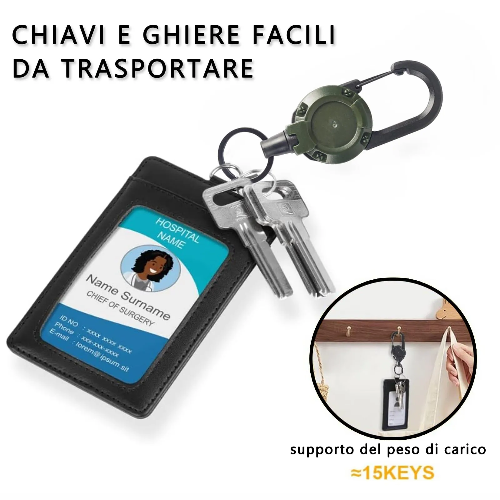KufaerBeam Portachiavi Retrattile con Cavo in Acciaio da 60cm, Clip a Bobina e Moschettone, 2 Pezzi (BlackGreen) - immagine 3