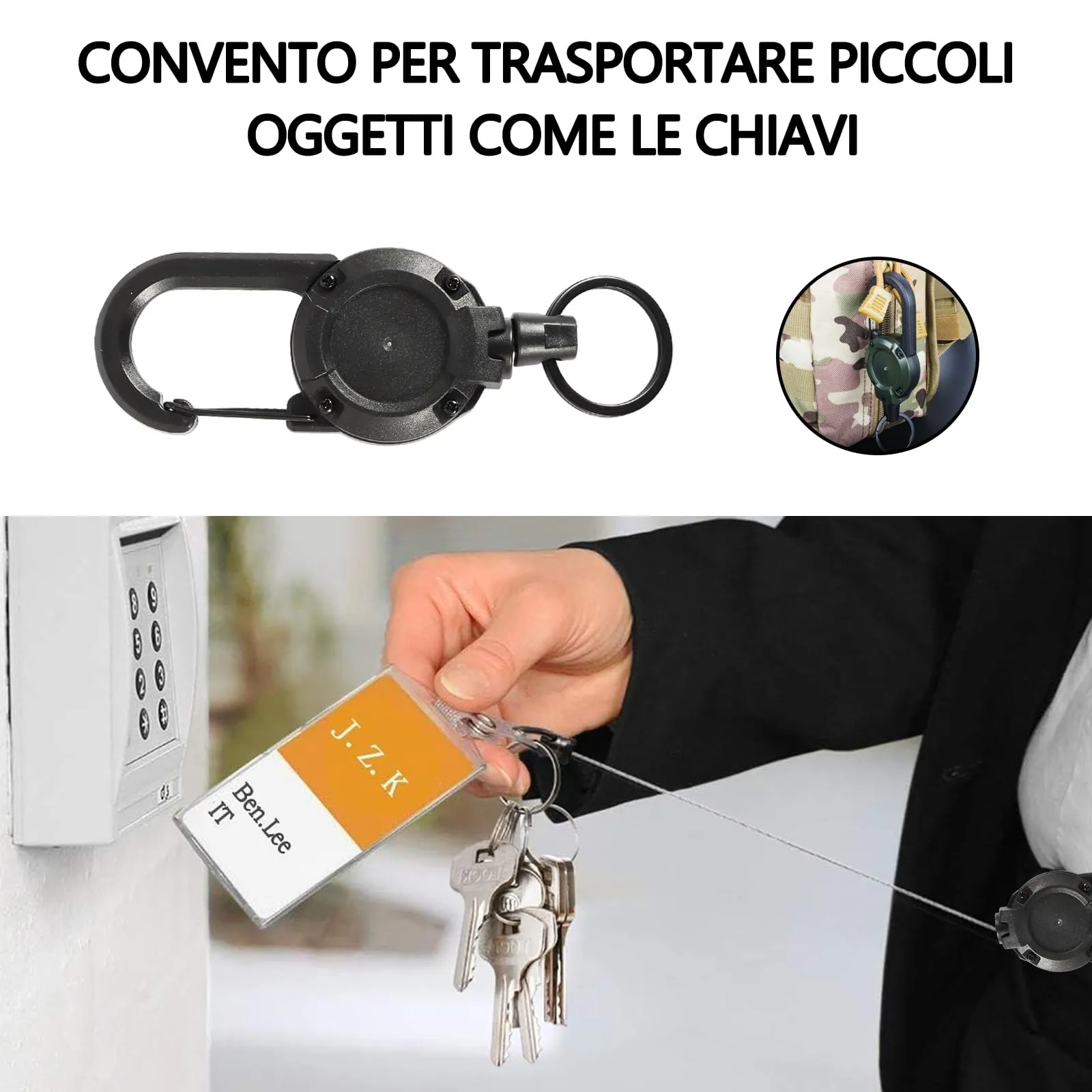 KufaerBeam Portachiavi Retrattile con Cavo in Acciaio da 60cm, Clip a Bobina e Moschettone, 2 Pezzi (BlackGreen) - immagine 5