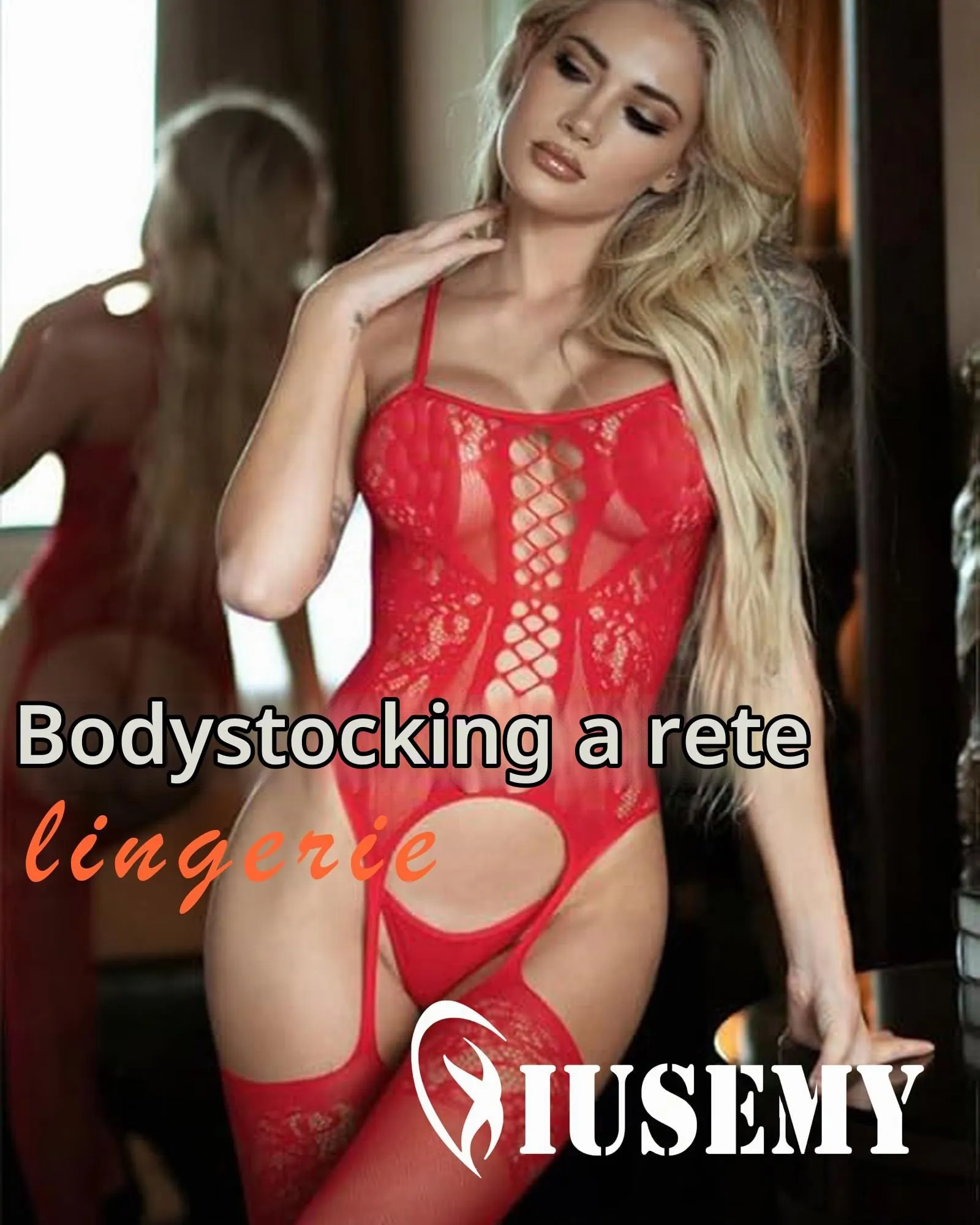 XIUSEMY Bodysuit Fishnet Bodystocking for Women (Red YX) - immagine 3