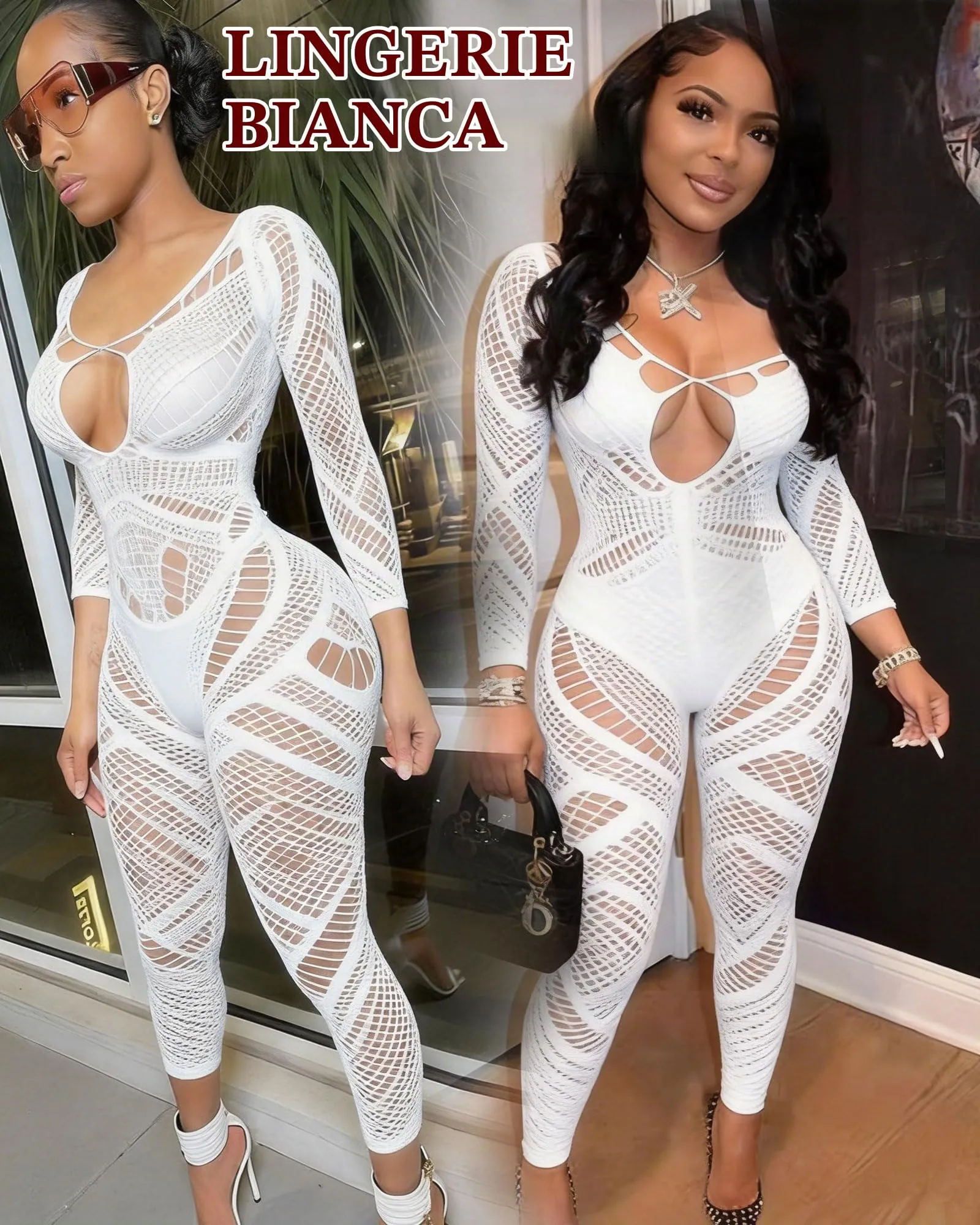 XIUSEMY Bodysuit a rete di pesce per donna, Bianco DZJ - immagine 3