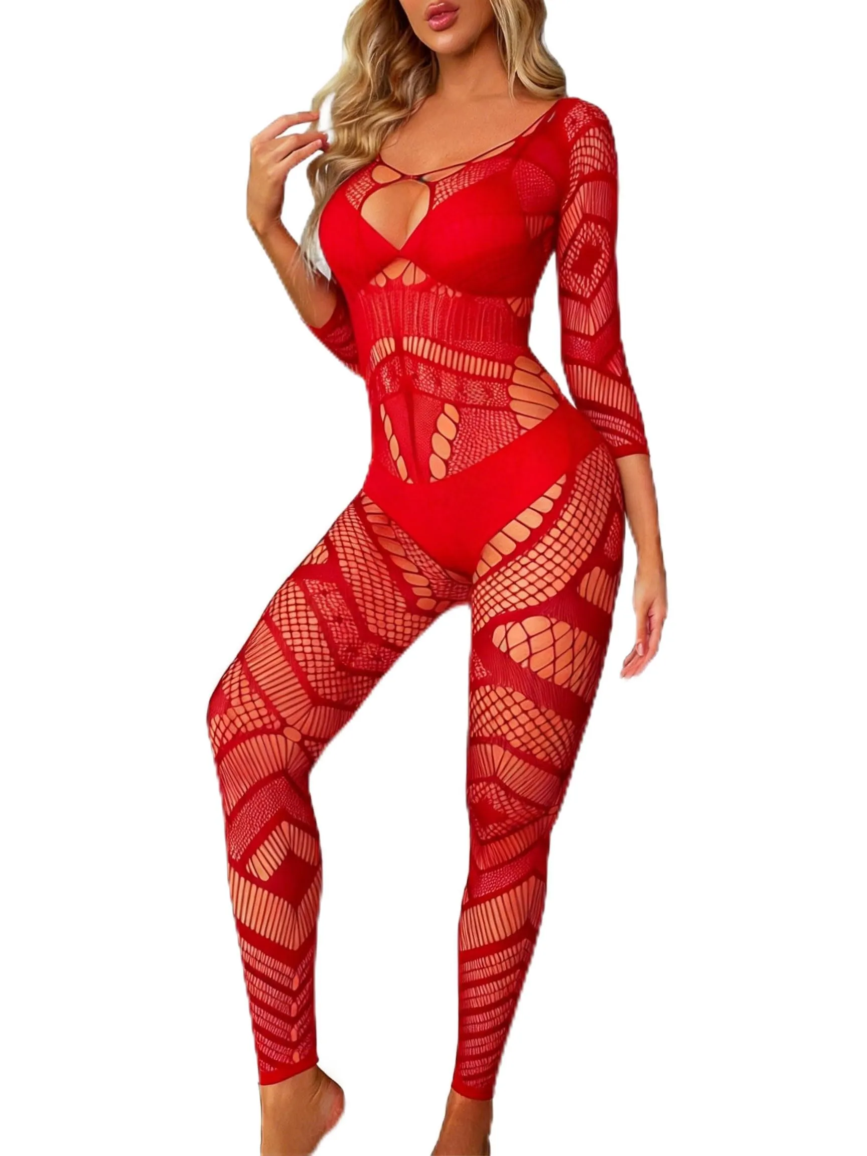 XIUSEMY Bodystocking a rete di pesce per donne (Rosso DZJ) - immagine 1