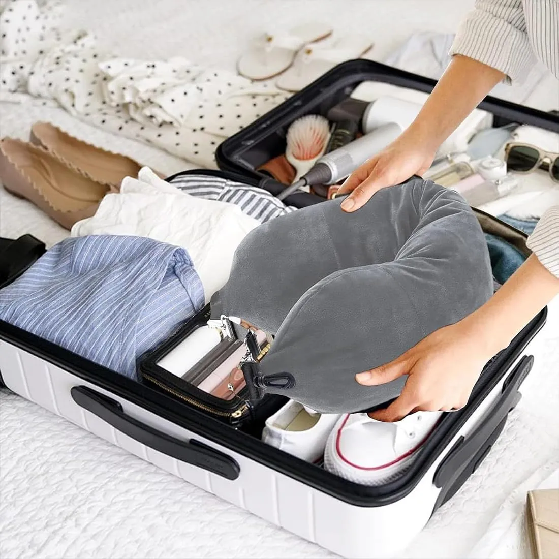 IKOPFLN Cuscino da viaggio riempibile a forma di U per aereo e auto, Grigio - immagine 4