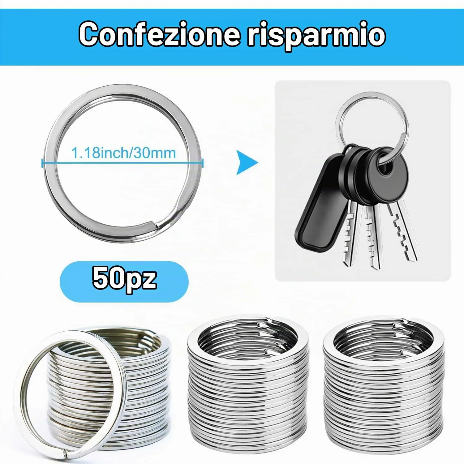 Wugauwor 50 Anelli Portachiavi in Ferro 30 mm, Design Piatto Argento - immagine 3