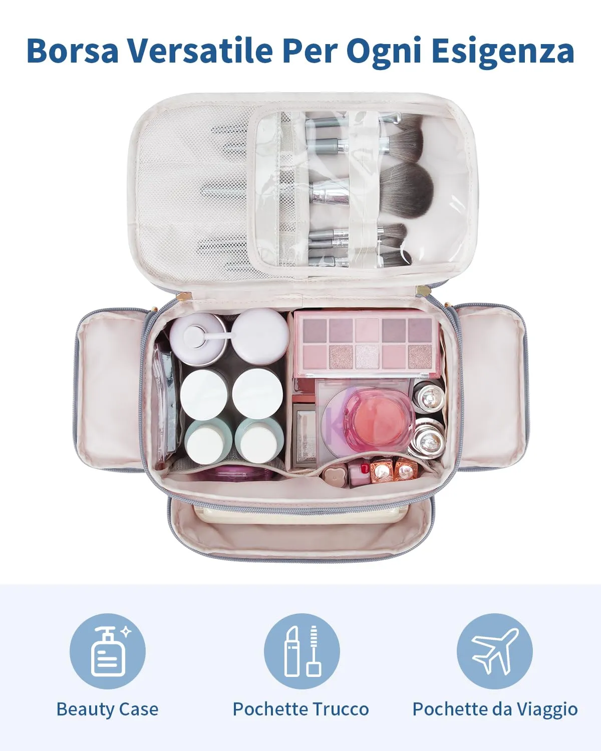 WANDF Beauty Case da Viaggio Donna, Trousse Trucco a Larga Apertura con Maniglia, Organizer per Cosmetici e Toiletries, Blu Nebbia - immagine 2