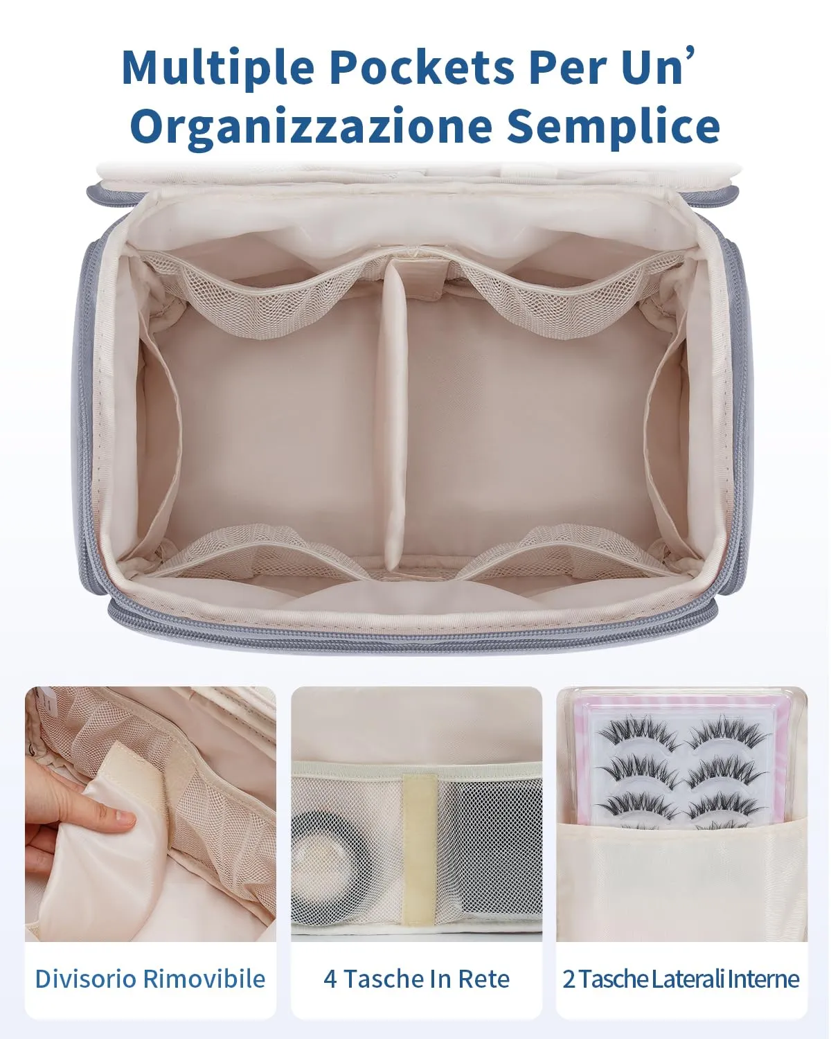 WANDF Beauty Case da Viaggio Donna, Trousse Trucco a Larga Apertura con Maniglia, Organizer per Cosmetici e Toiletries, Blu Nebbia - immagine 3