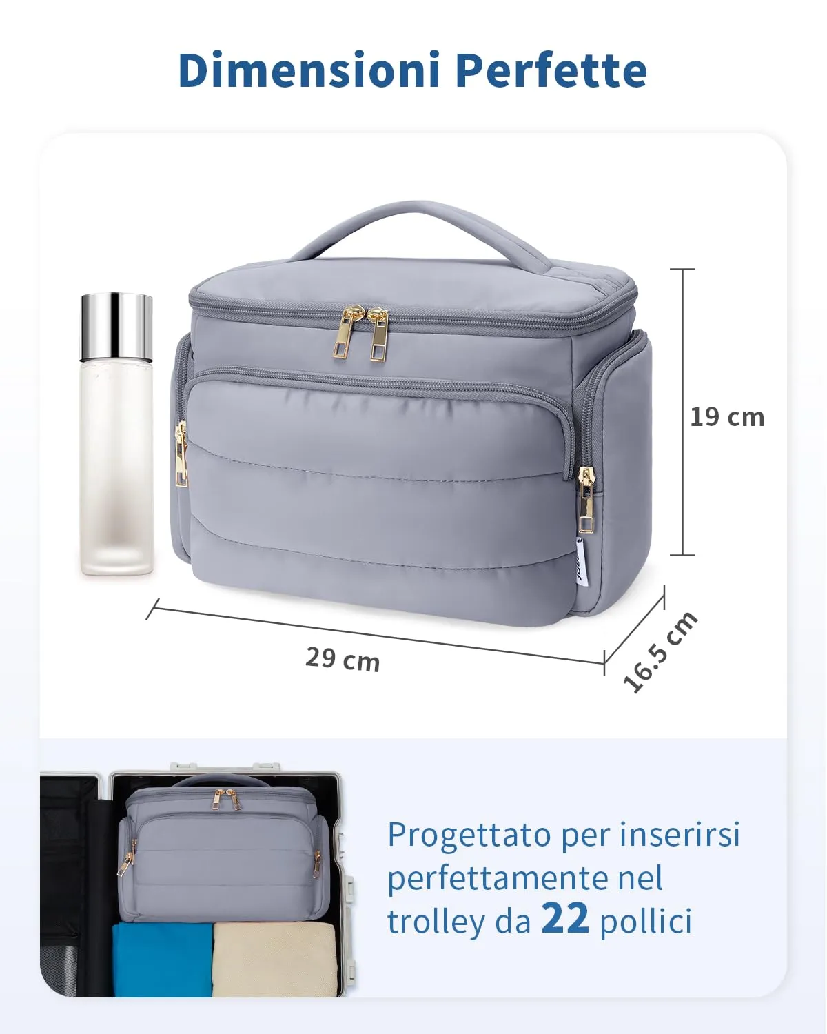 WANDF Beauty Case da Viaggio Donna, Trousse Trucco a Larga Apertura con Maniglia, Organizer per Cosmetici e Toiletries, Blu Nebbia - immagine 6