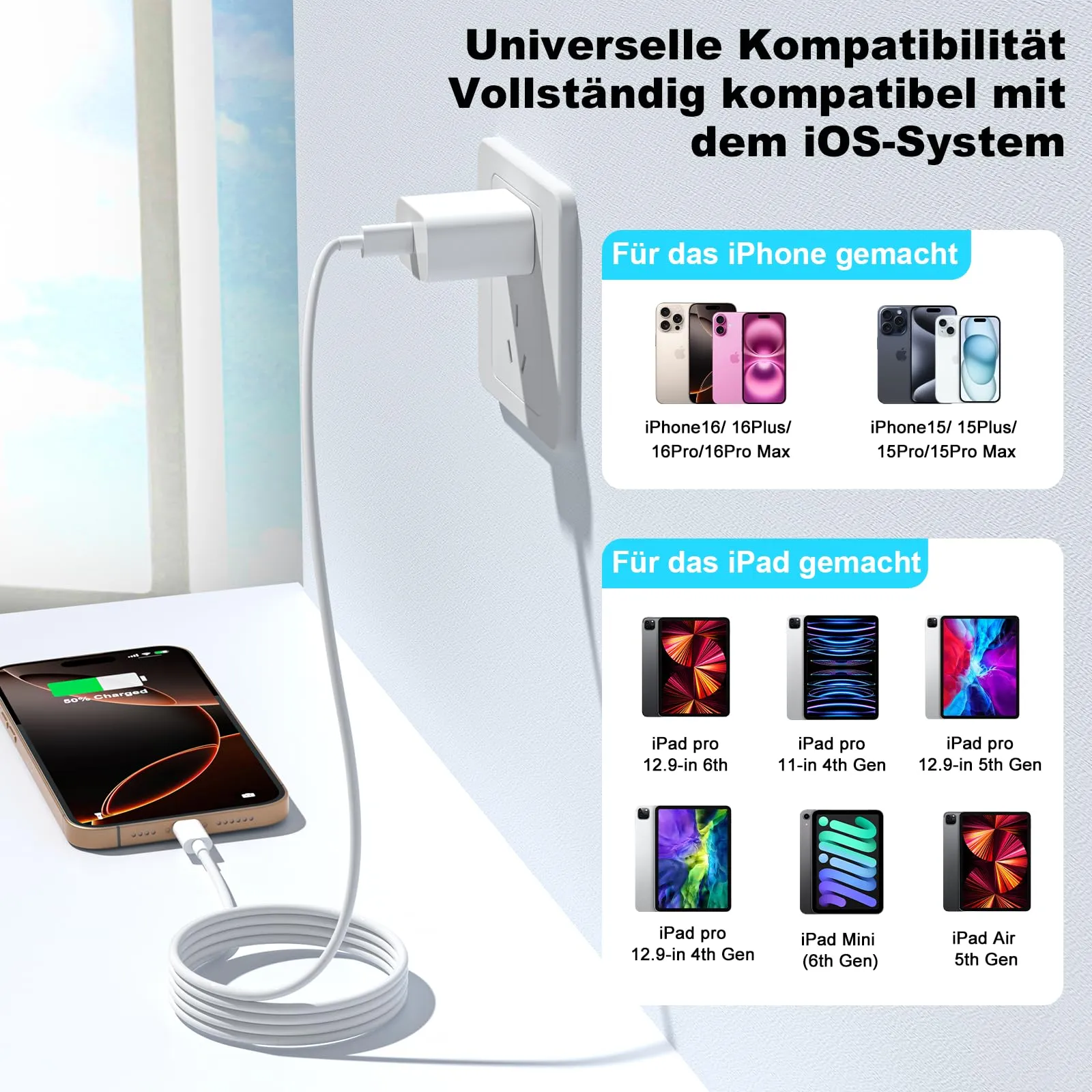 BSTOEM Cavo USB-C a USB-C 2 pezzi 1M+1M per iPhone 17/16/15, iPad Pro/Air, MacBook Pro/Air - Bianco - immagine 7