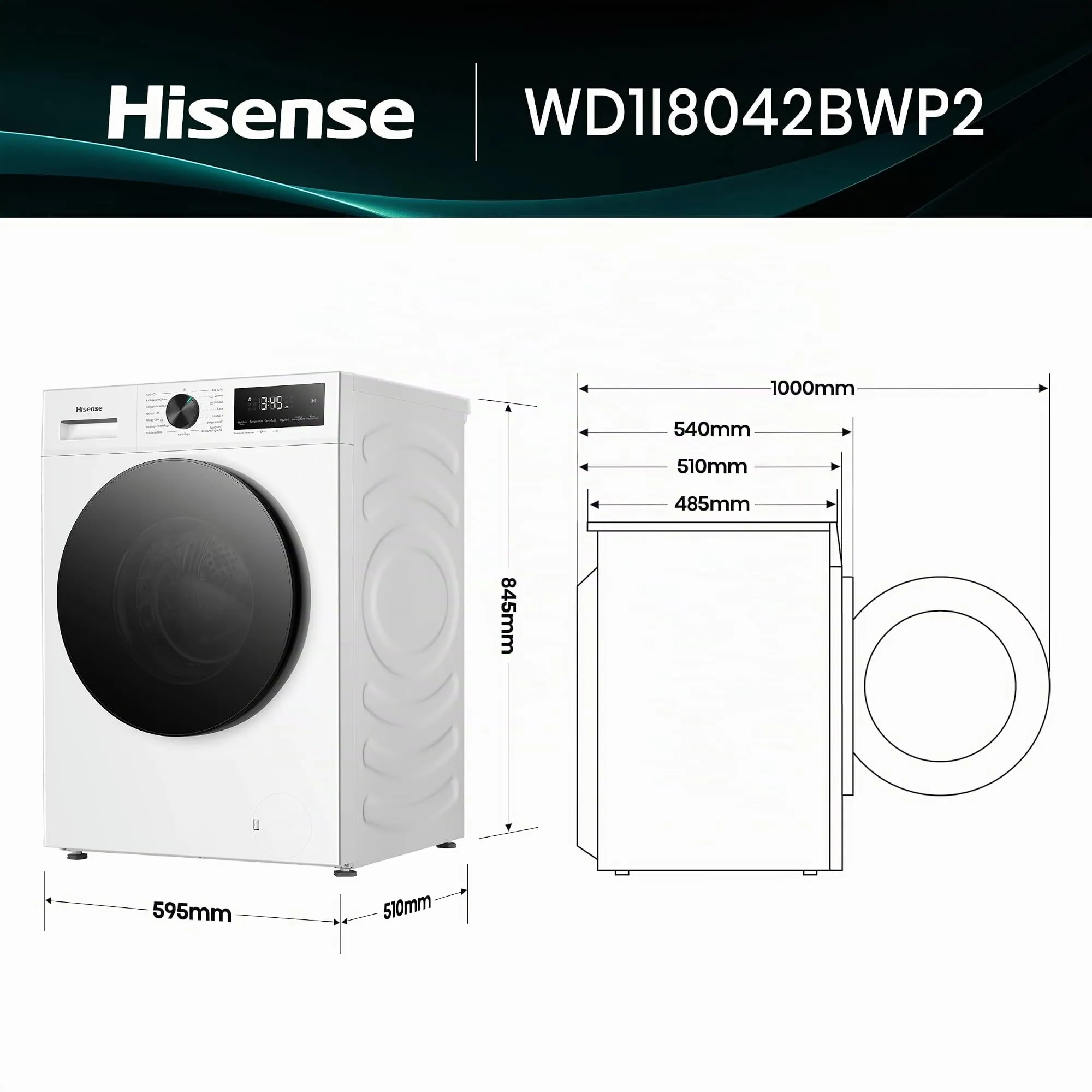 Hisense WD1I8042BWP2 Lavasciuga 8+5kg, Bianco, 1400 rpm, 15 Programmi, Vapore, Inverter, Auto Dry, Wash&Dry 59', Classe Energetica A-30%, Display LED Touch - immagine 2