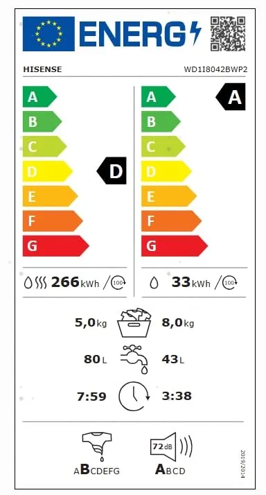 Hisense WD1I8042BWP2 Lavasciuga 8+5kg, Bianco, 1400 rpm, 15 Programmi, Vapore, Inverter, Auto Dry, Wash&Dry 59', Classe Energetica A-30%, Display LED Touch - immagine 11