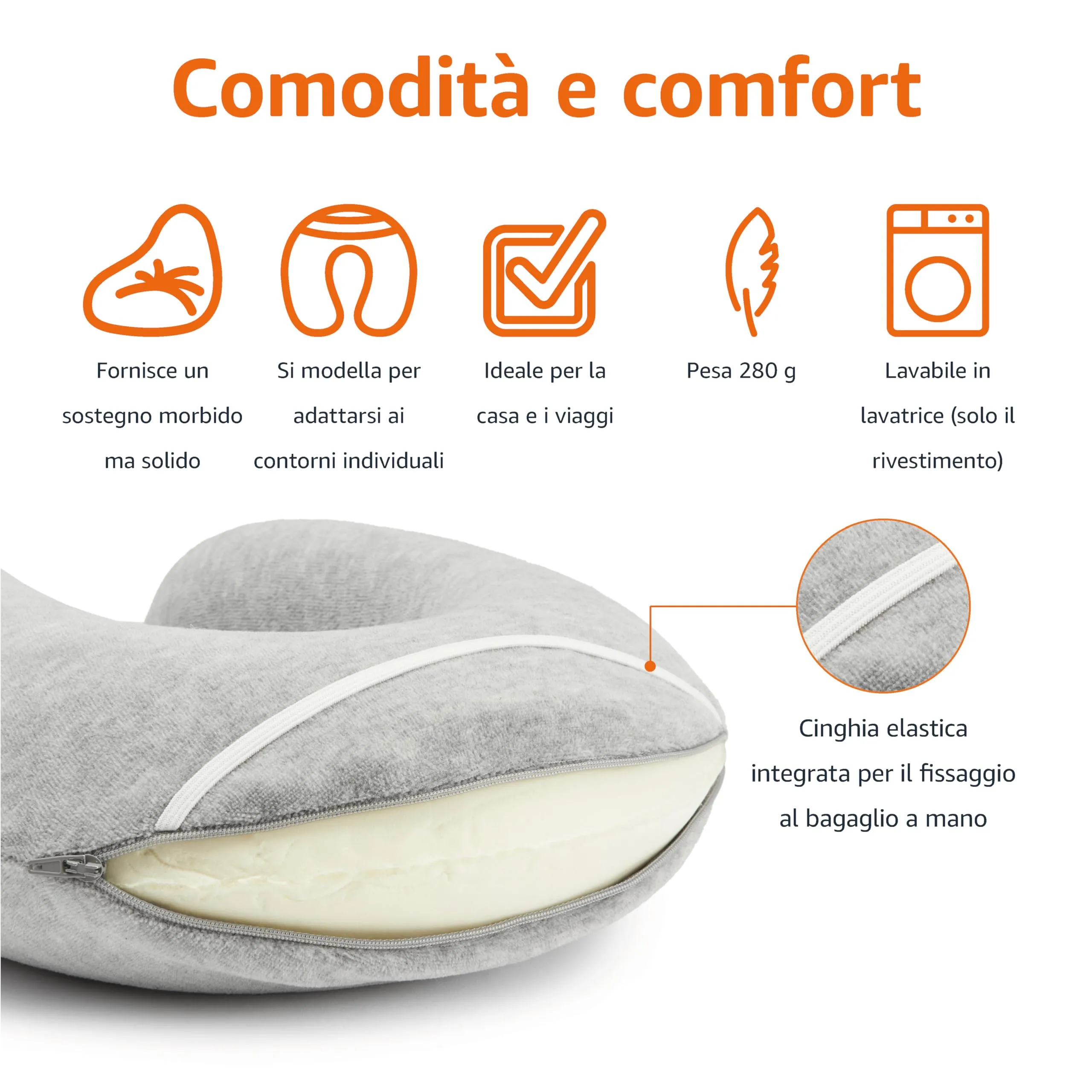 Amazon Basics Cuscino per il collo in memory foam, Semicircolare, Grigio - immagine 2