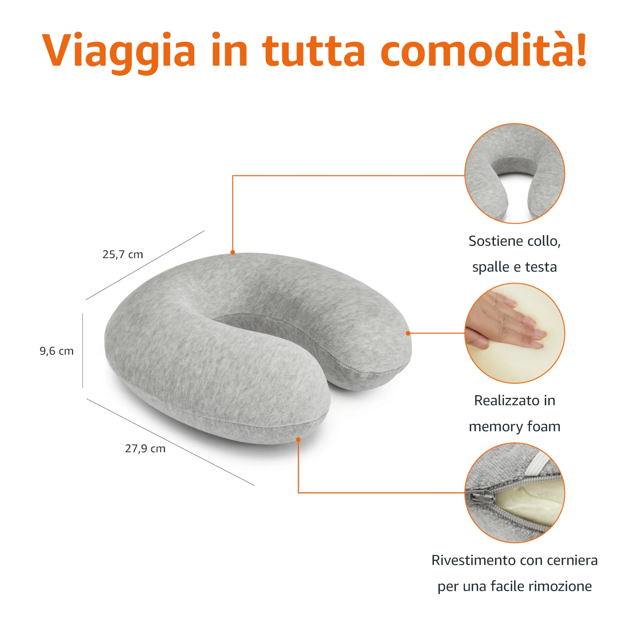 Amazon Basics Cuscino per il collo in memory foam, Semicircolare, Grigio - immagine 3