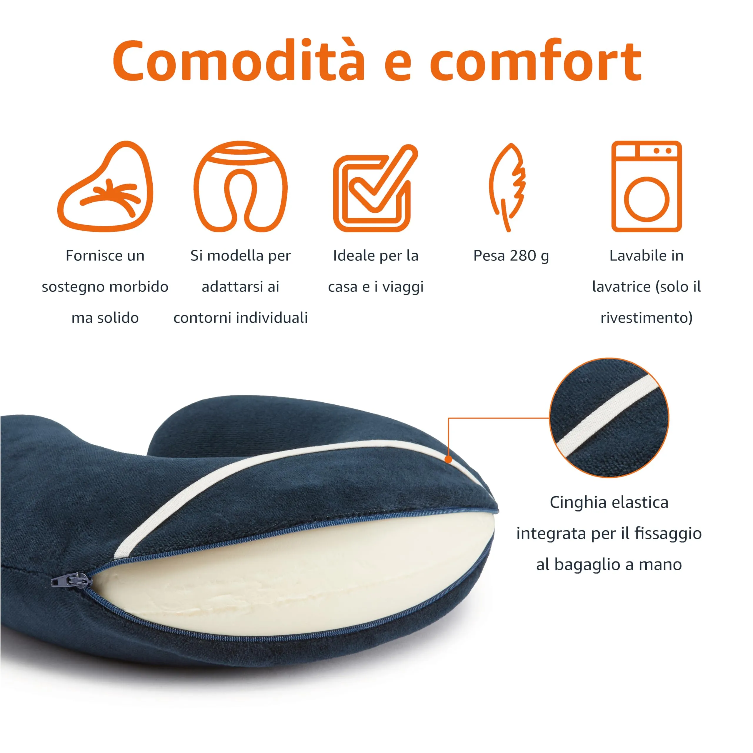 Amazon Basics Cuscino per il collo in memory foam, Blu navy - immagine 2