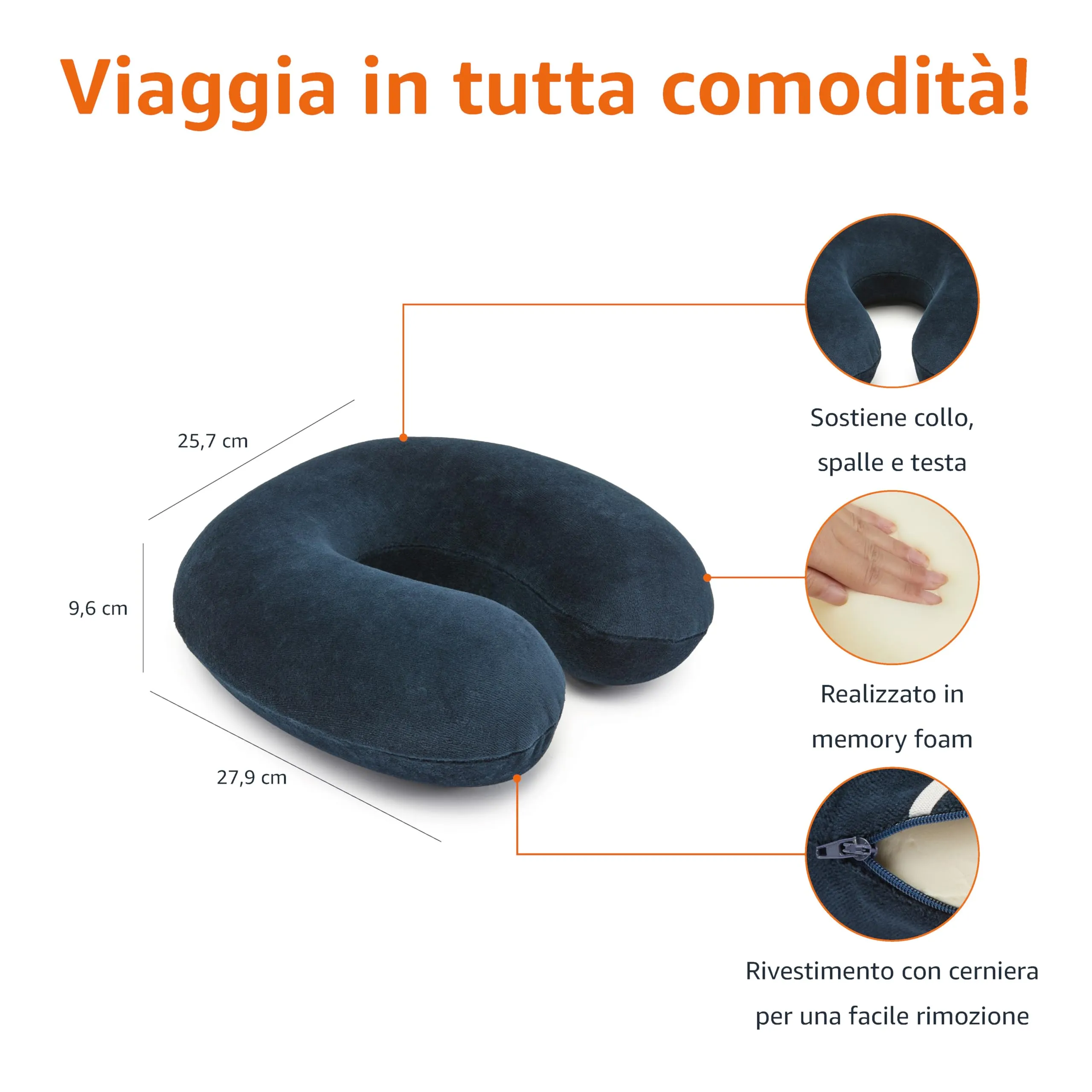 Amazon Basics Cuscino per il collo in memory foam, Blu navy - immagine 3