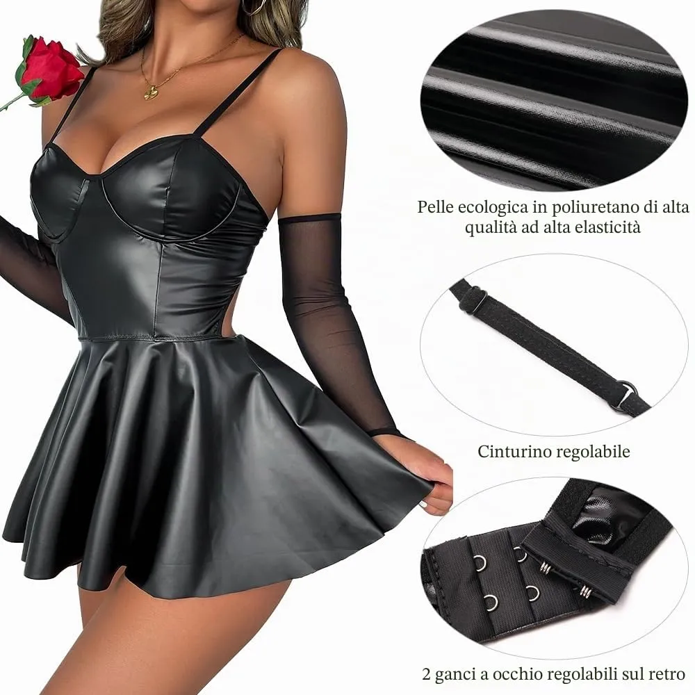 Satohom Abito Corto in Pelle Linea A Mini Vestito Nero Latex Wetlook Scollo V Senza Maniche S-XL - immagine 4