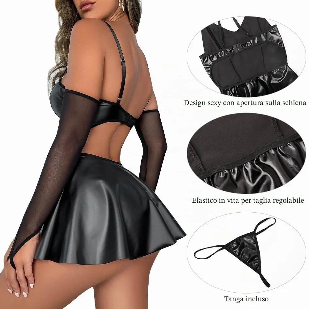 Satohom Abito Corto in Pelle Linea A Mini Vestito Nero Latex Wetlook Scollo V Senza Maniche S-XL - immagine 5