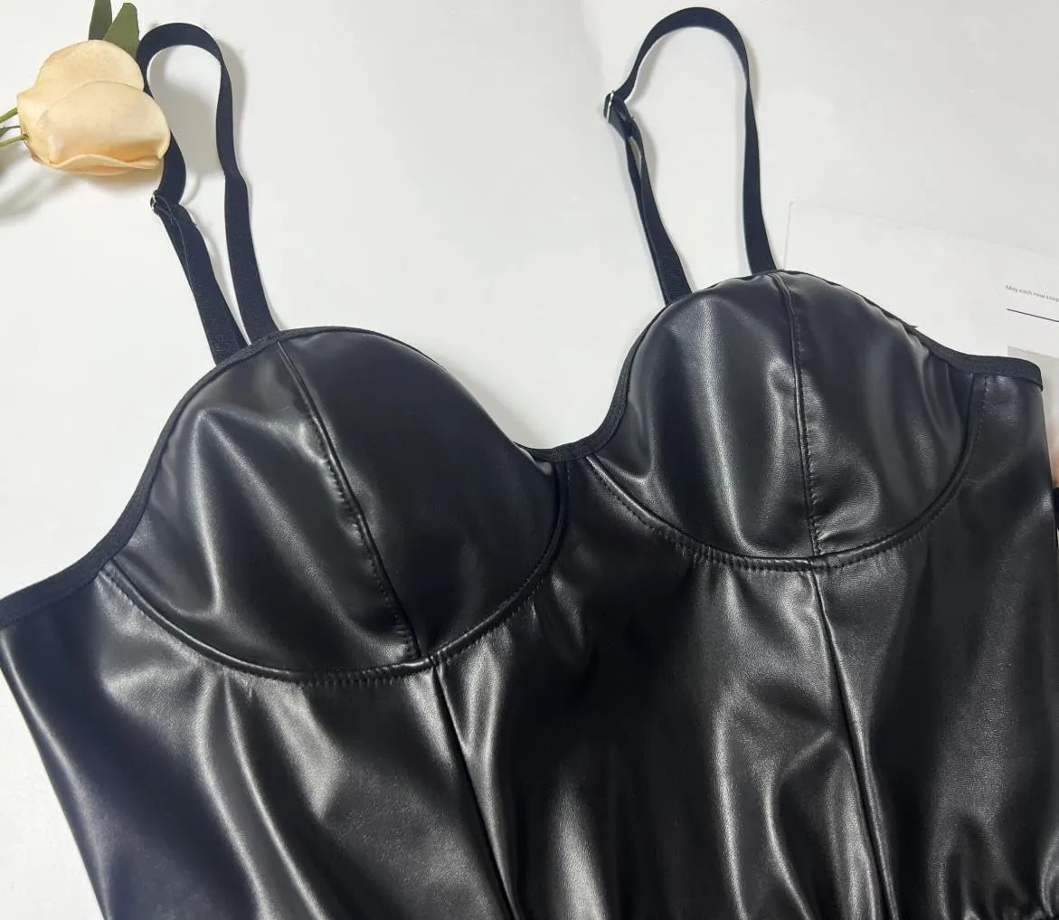 Satohom Abito Corto in Pelle Linea A Mini Vestito Nero Latex Wetlook Scollo V Senza Maniche S-XL - immagine 7