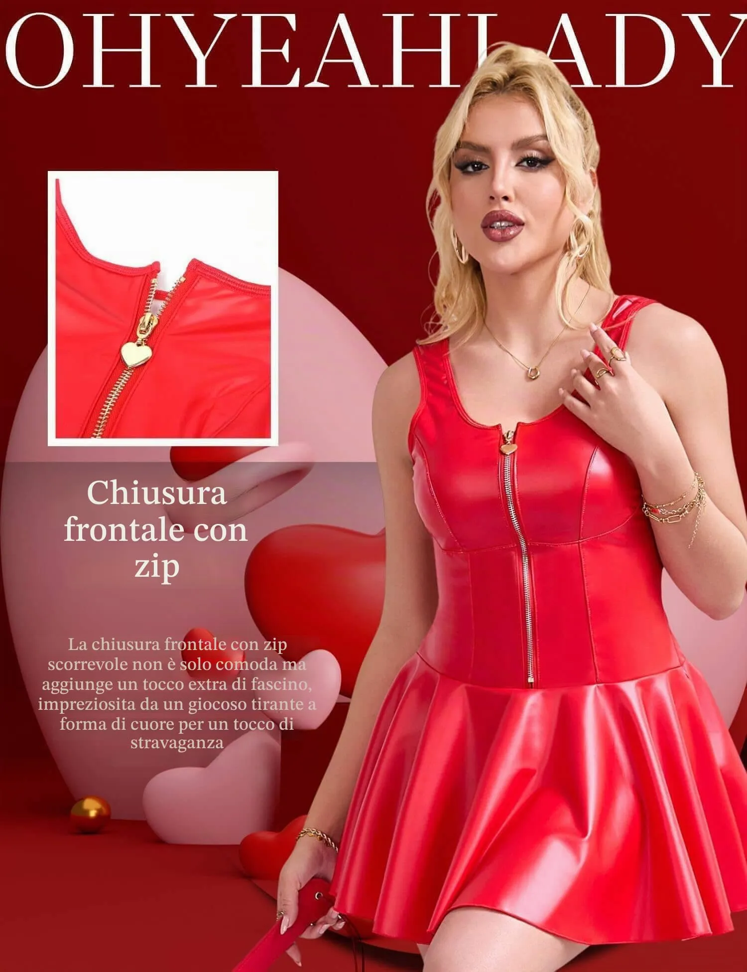ohyeahlady Vestito Corto Donna in PU Pelle Senza Schienale Bodycon con Cerniera, Rosso, M - immagine 4
