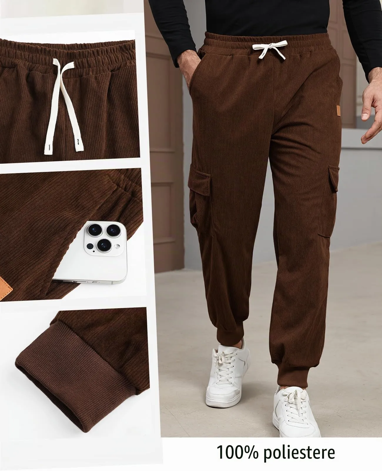 Suwangi Pantaloni Jogging Uomo in Velluto a Coste Cargo con Tasche - immagine 4