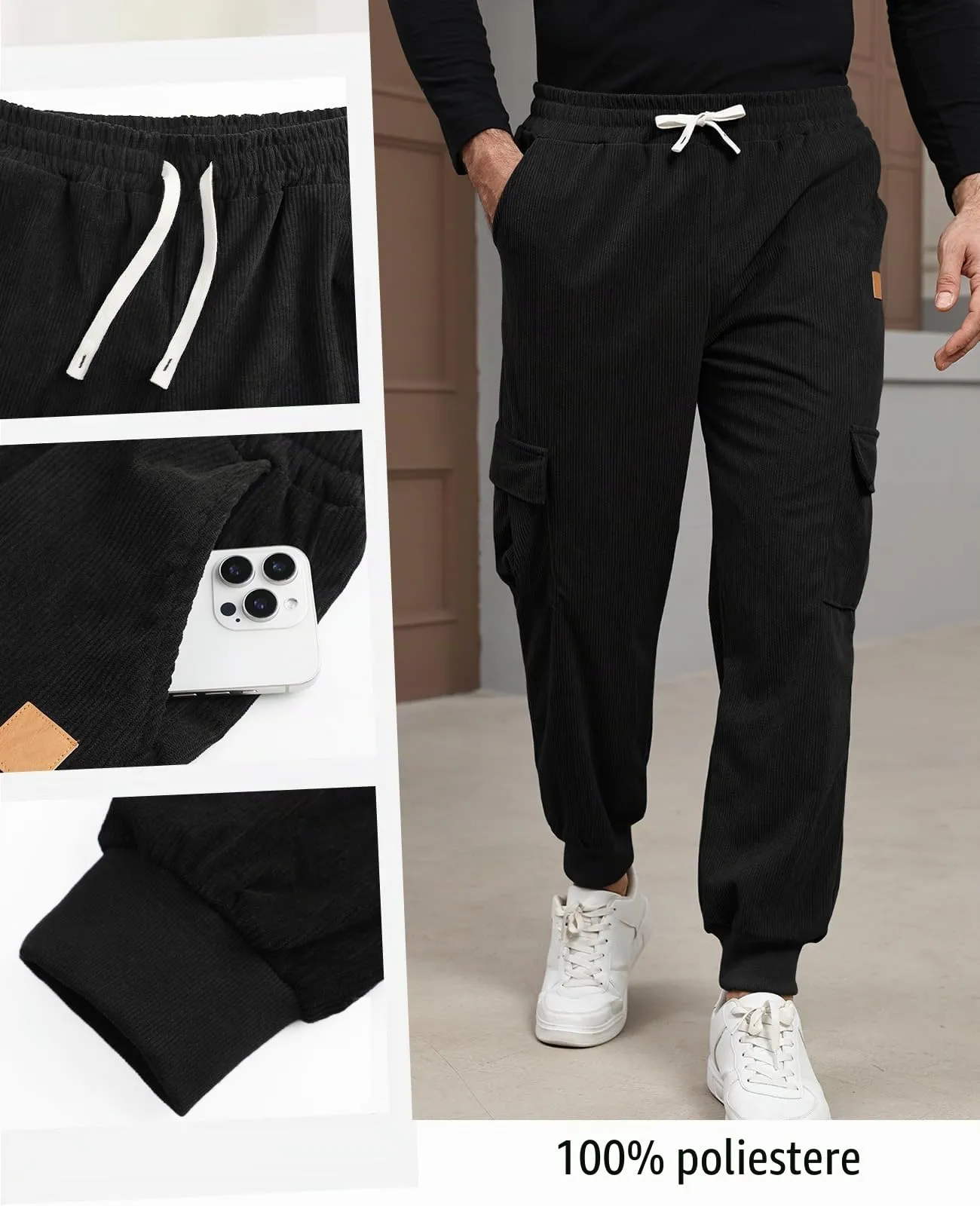Suwangi Pantaloni Jogging in Velluto a Coste Cargo da Uomo con Tasche - immagine 5