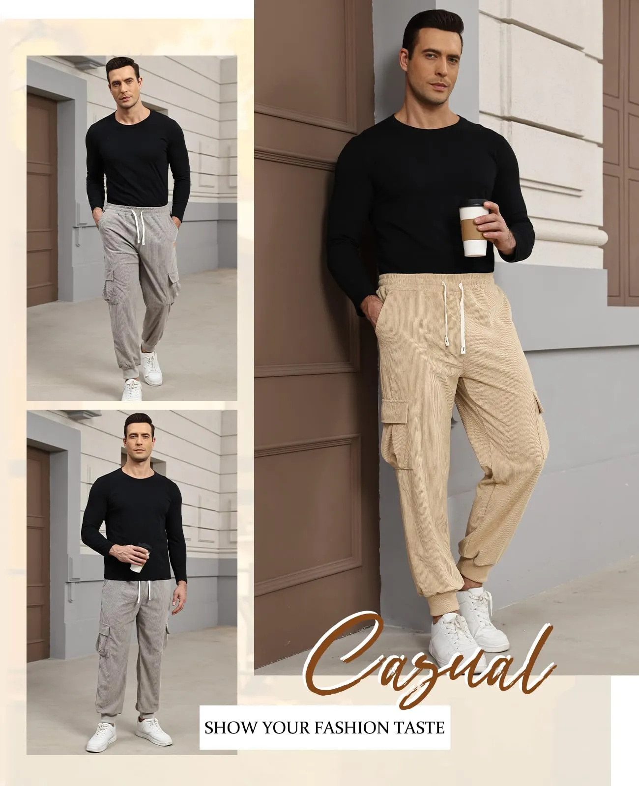 Suwangi Pantaloni Jogging Velluto a Coste Cargo da Uomo con Tasche - immagine 6