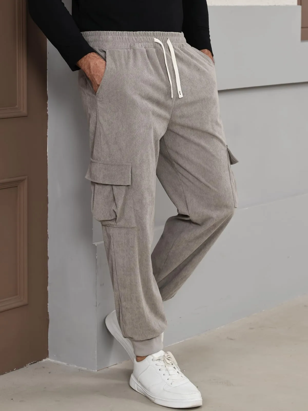 Suwangi Pantaloni Jogging Velluto a Coste Cargo con Tasche - immagine 2