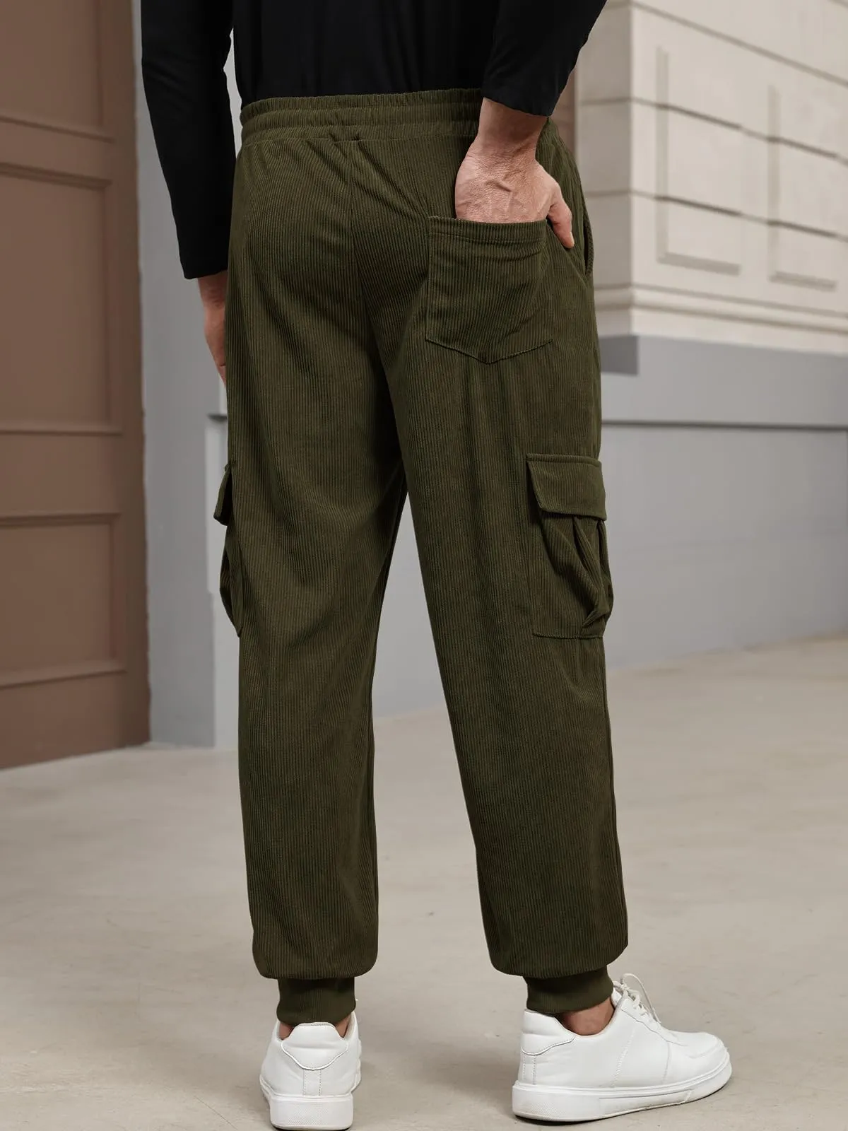 Suwangi Pantaloni Jogging in Velluto a Coste Cargo da Uomo con Tasche - immagine 3