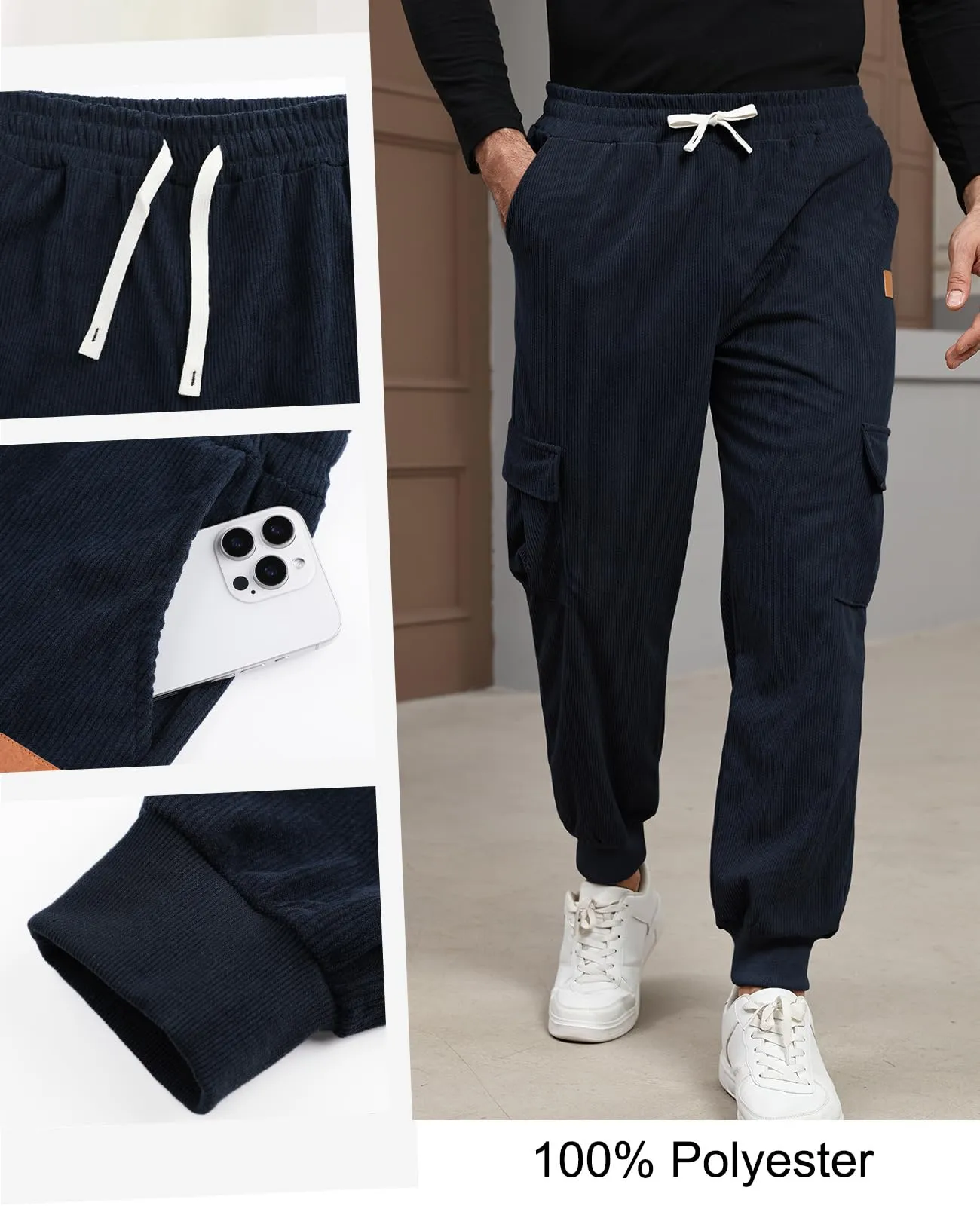 Suwangi Pantaloni Jogging Uomo in Velluto a Coste Cargo con Tasche - immagine 4