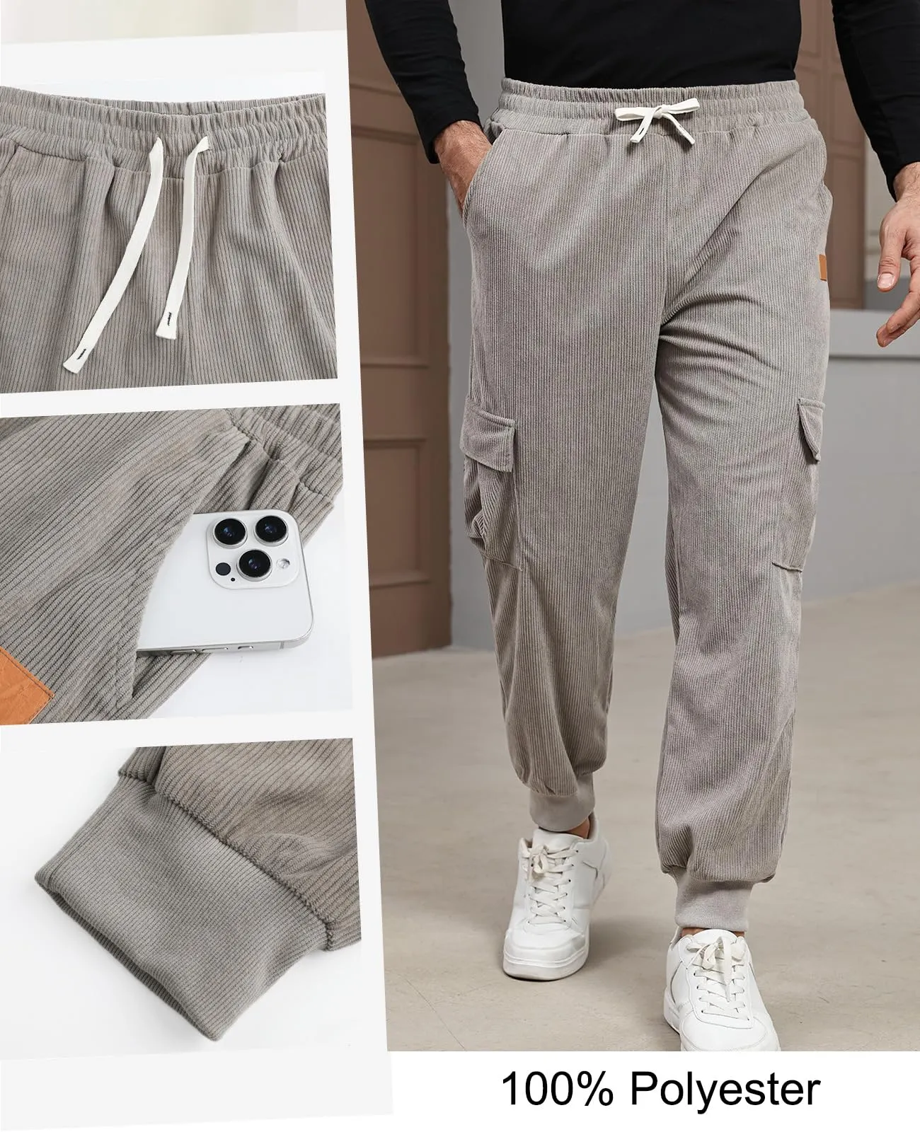 Suwangi Pantaloni Jogging Velluto a Coste Cargo da Uomo con Tasche - immagine 4